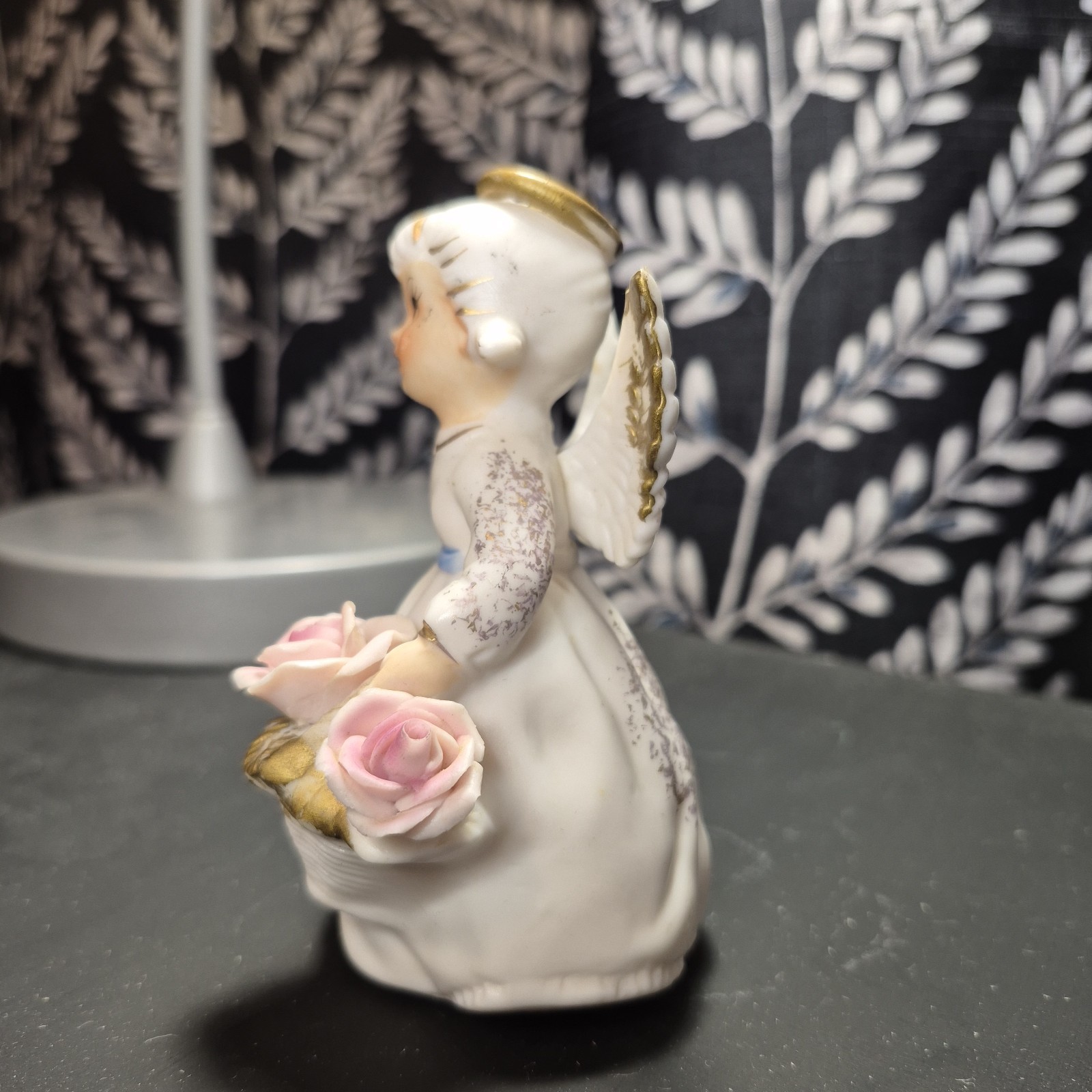 Vintage Lefton June Birthday Angel Pink Roses Blue Sash Japan 4″ -CB04