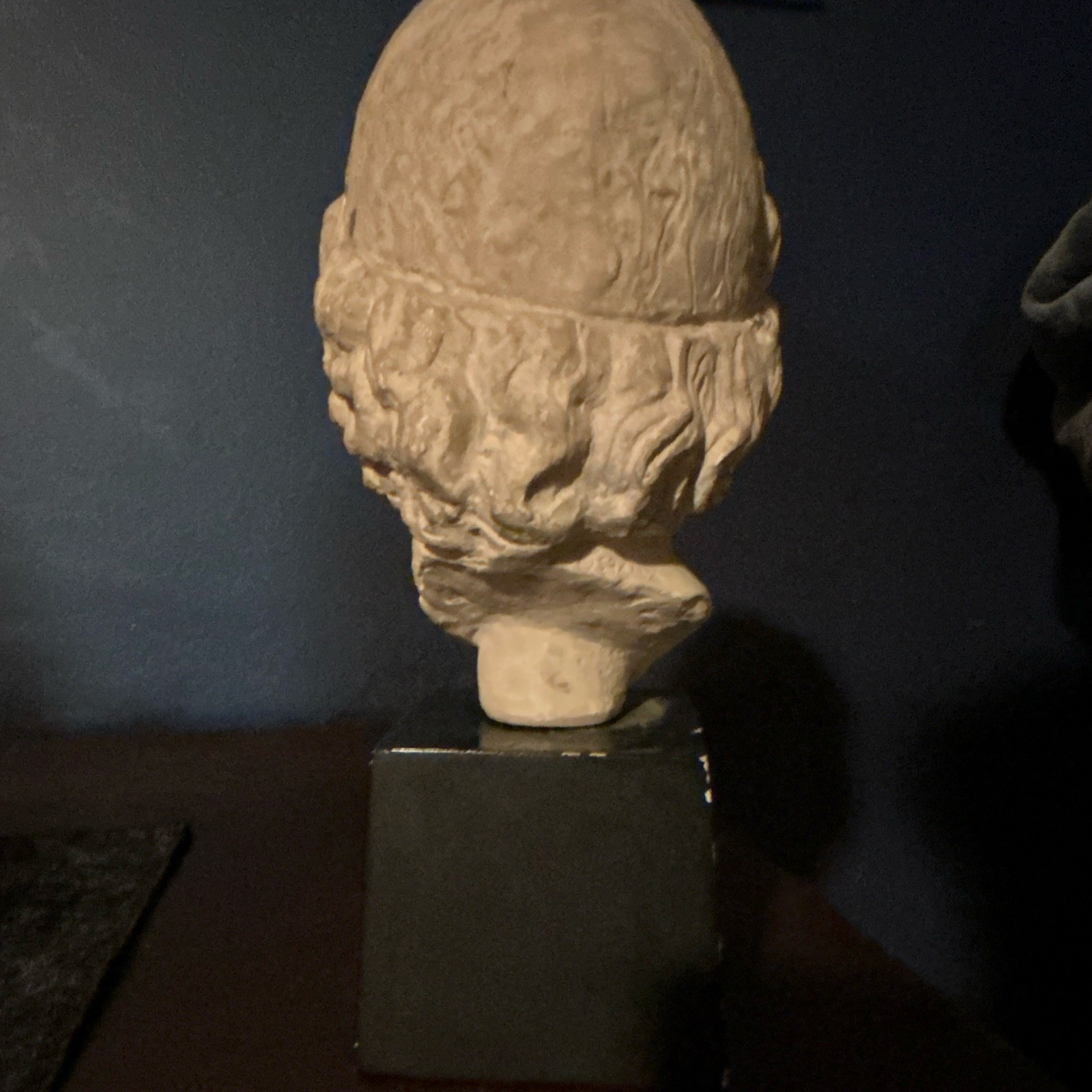 Classical Male Head Bust Sculpture, Plaster Beige on Black Display Base