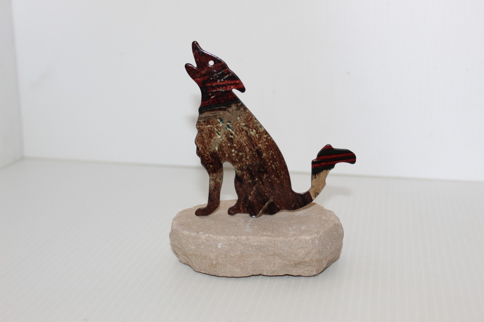 Howling Wolf Metal Sculpture on Stone Base Rustic Southwestern