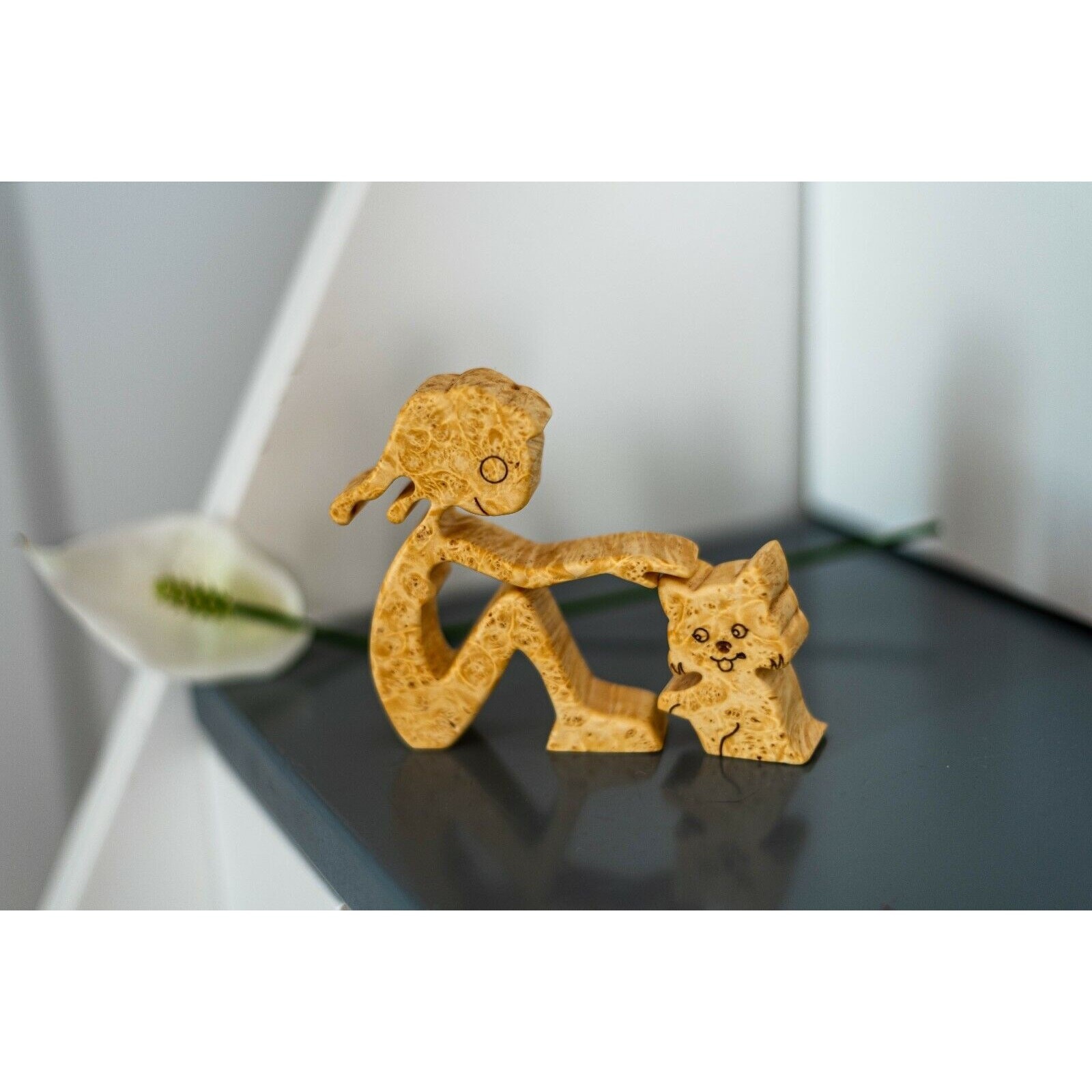 Handmade Carved Maple Burl Wood Cat and Owner Figurine Unique Home Decor