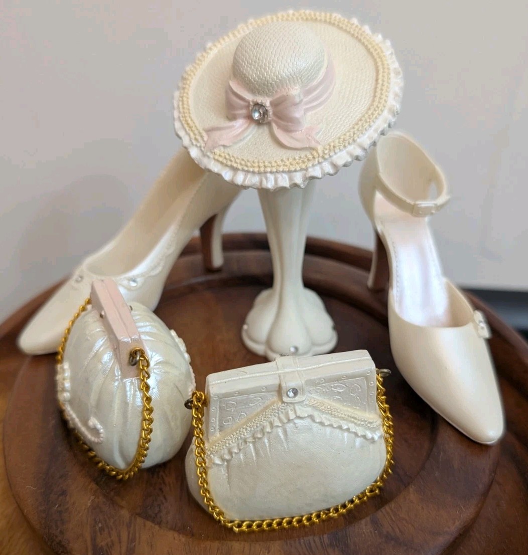 High Heels Hat & Purses Off White/Pink Jeweled Figures Resin Lot