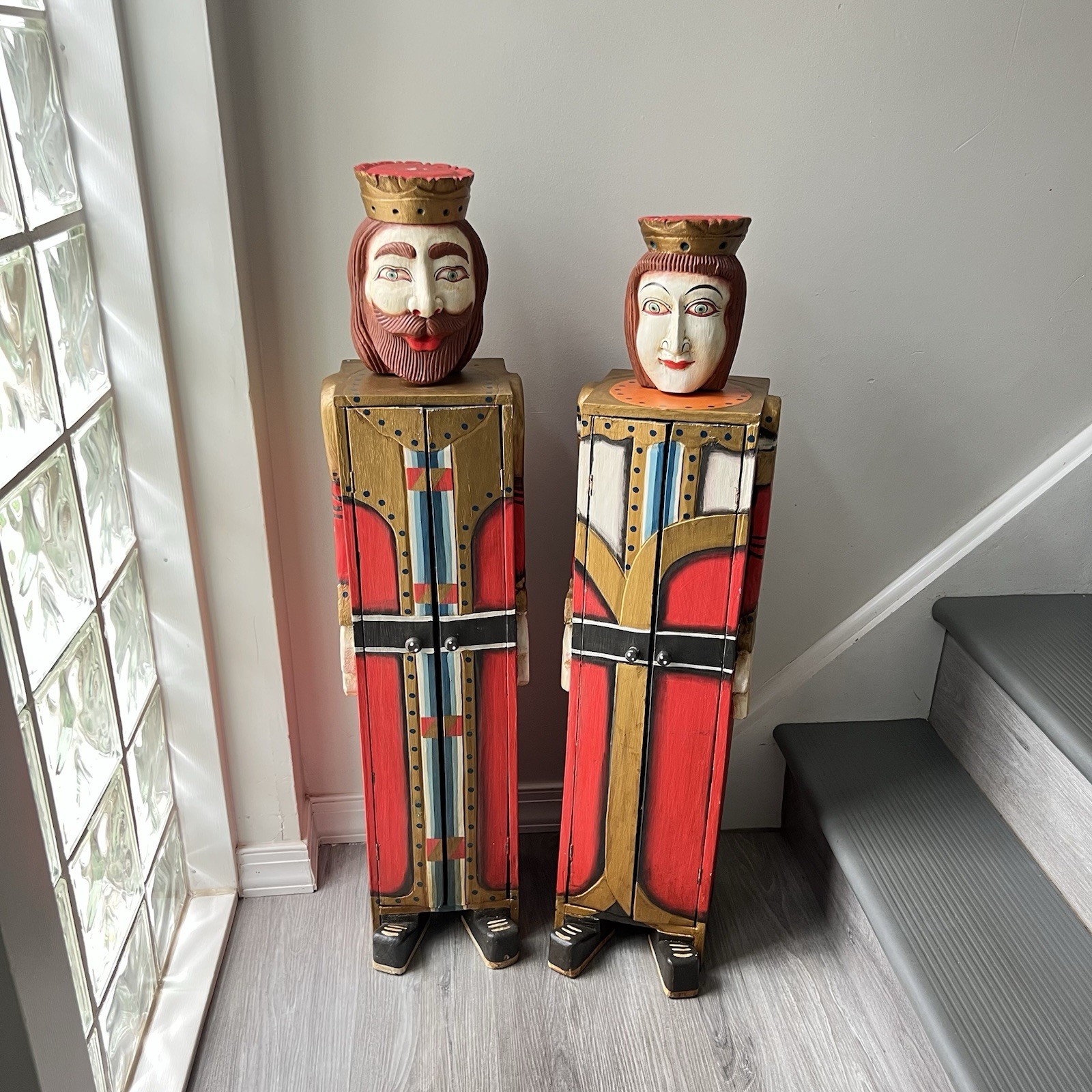 Rare Pair Folk Art King Queen Cabinet Figures Hand Painted Wood 41″ 39.5″