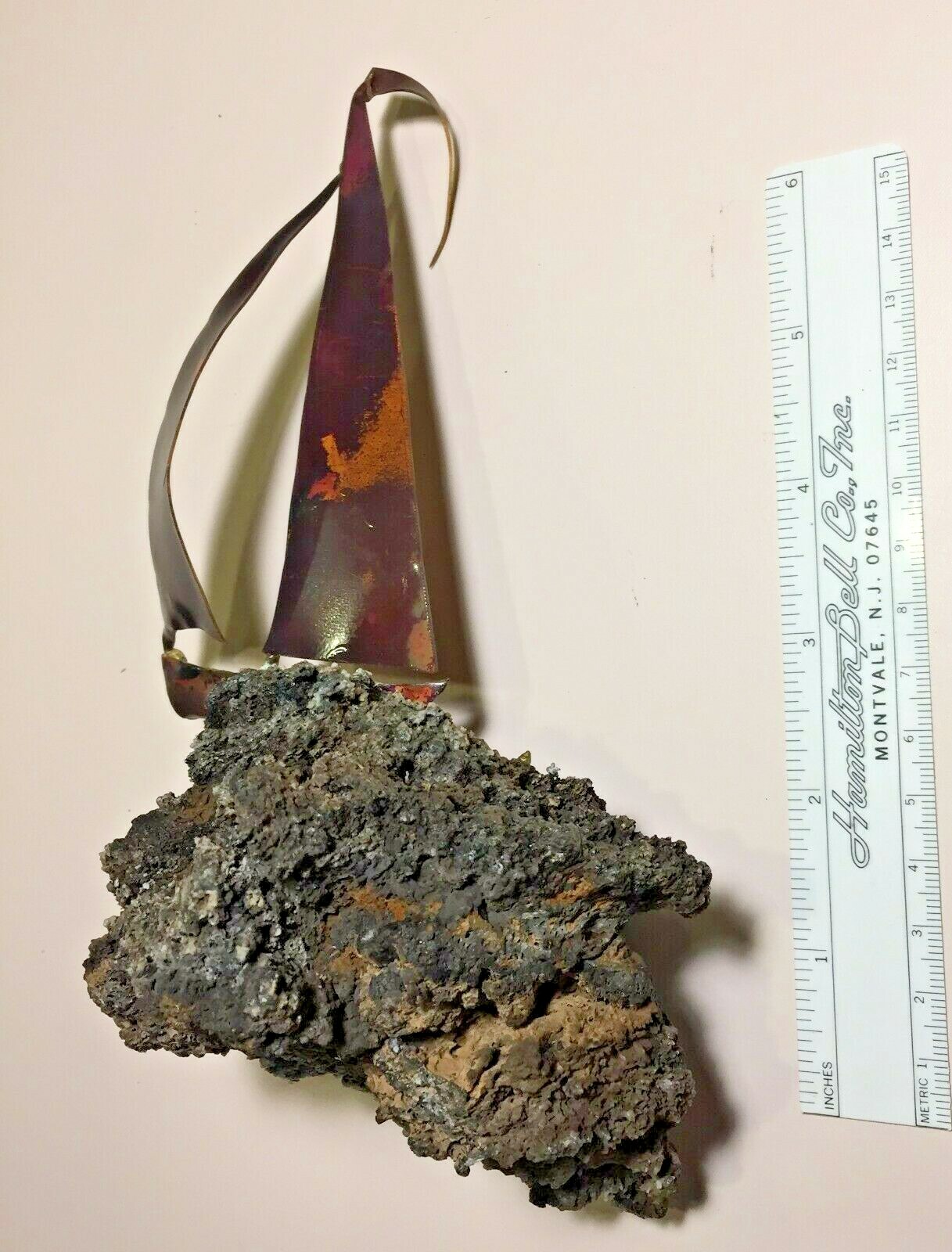 6.5″ Tall 1970s Brass Copper Sloop Sailboat Lava Rock Sculpture Crossfire Hawaii