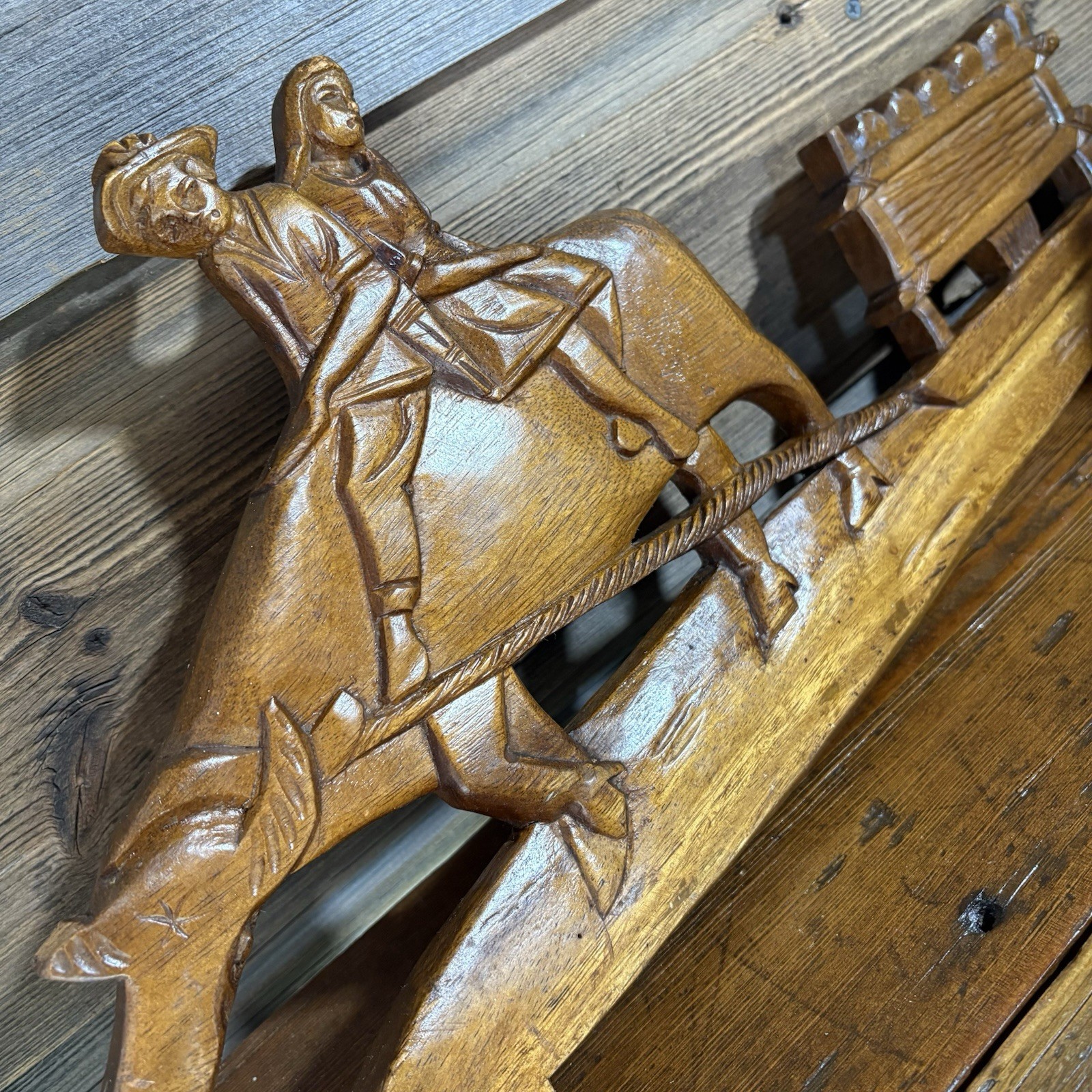 Hand carved wood wall hanging Ox cart Folk art Lrg 22″ Farm Vtg Rustic Primitive
