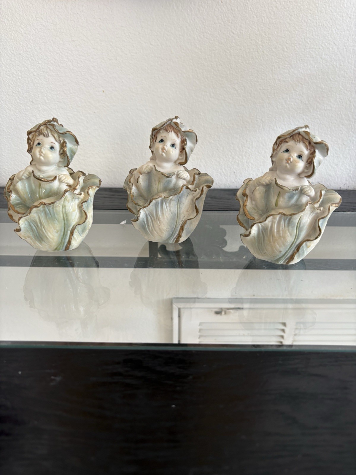 Vintage Figurines Set Flower Babies Angel, 3 Piece, Bisque