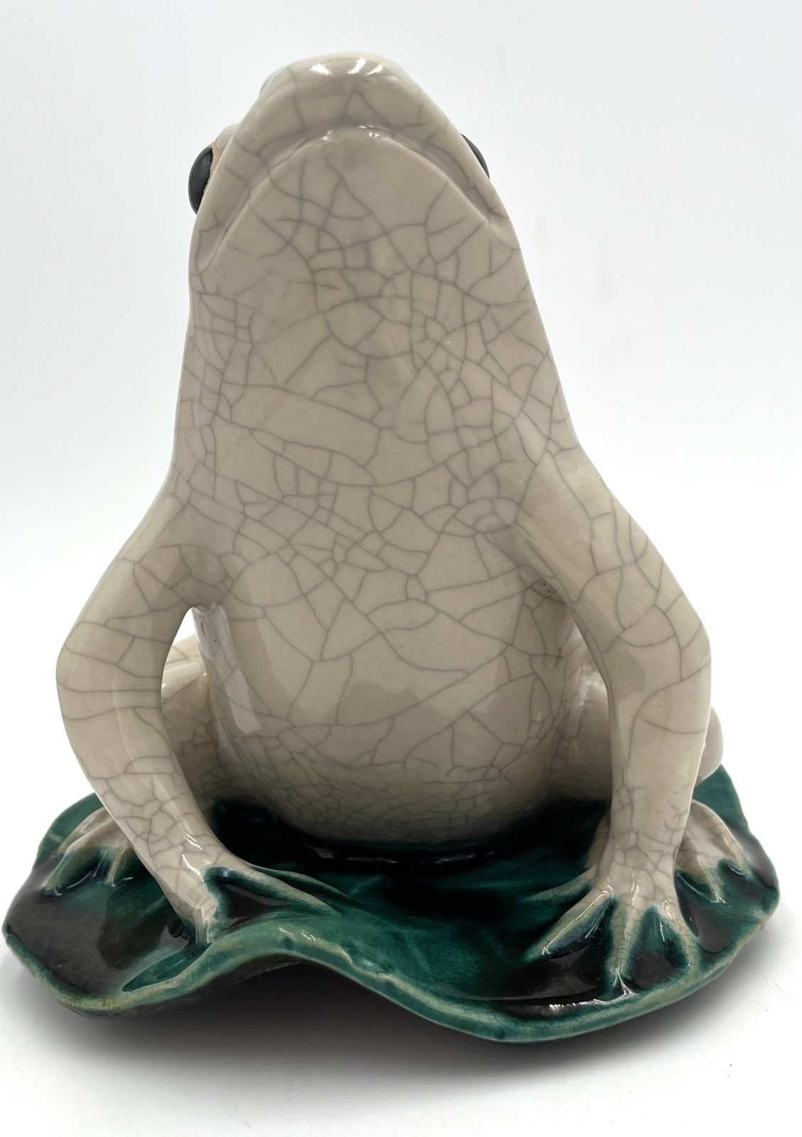 Vintage White Crackle Glaze Pottery Frog Figurine on Green Lily Pad
