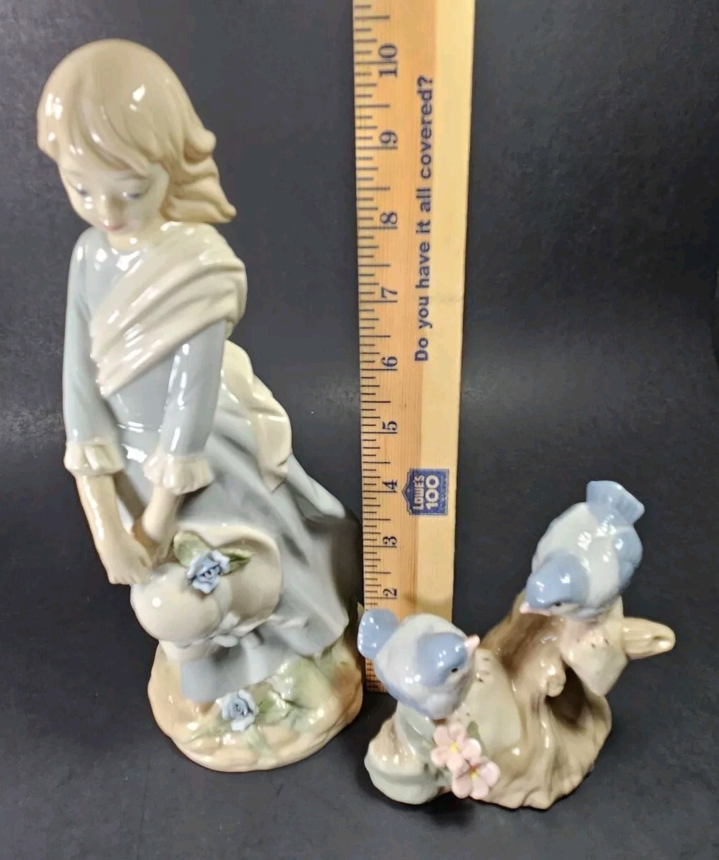 Vtg Handpainted Ceramic Figurines Blue Birds Beautiful Lady Hat Flowers Signed
