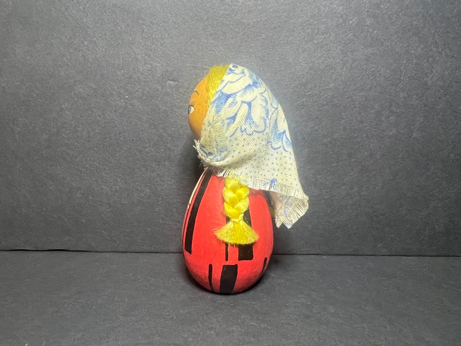 Vintage Hand Painted Red Wooden Easter Egg Babushka Woman Doll w/ Scarf 3.25″