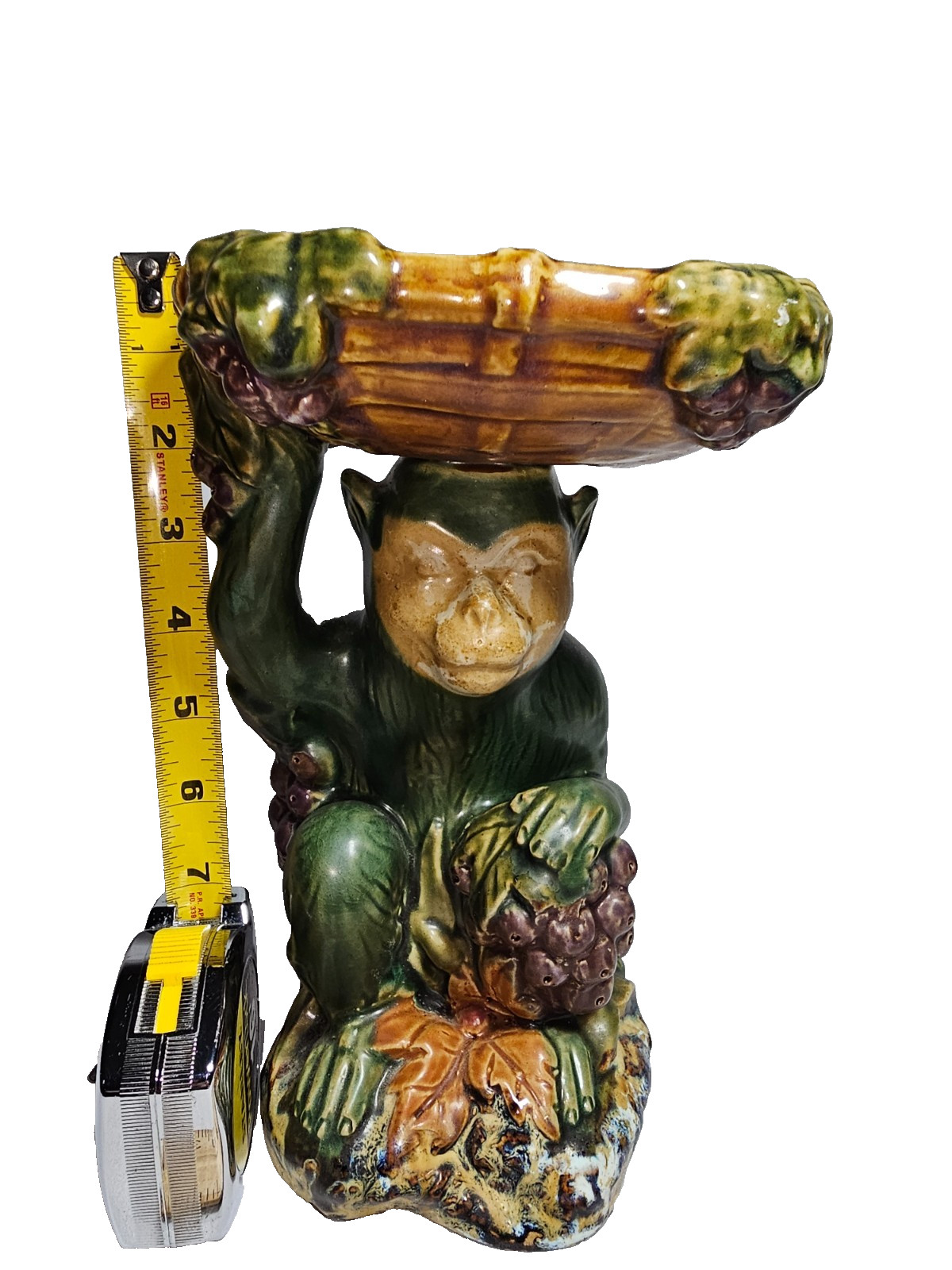 VTG Chinoiserie Sitting Monkey Figurine Bamboo/Fruit Bowl Majolica Style 9.75” T