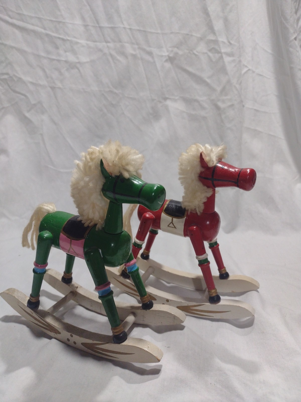 2 Vintage Wood Rocking Horses 1 Red 1 Green 6 3/4 Inches Tall Holiday