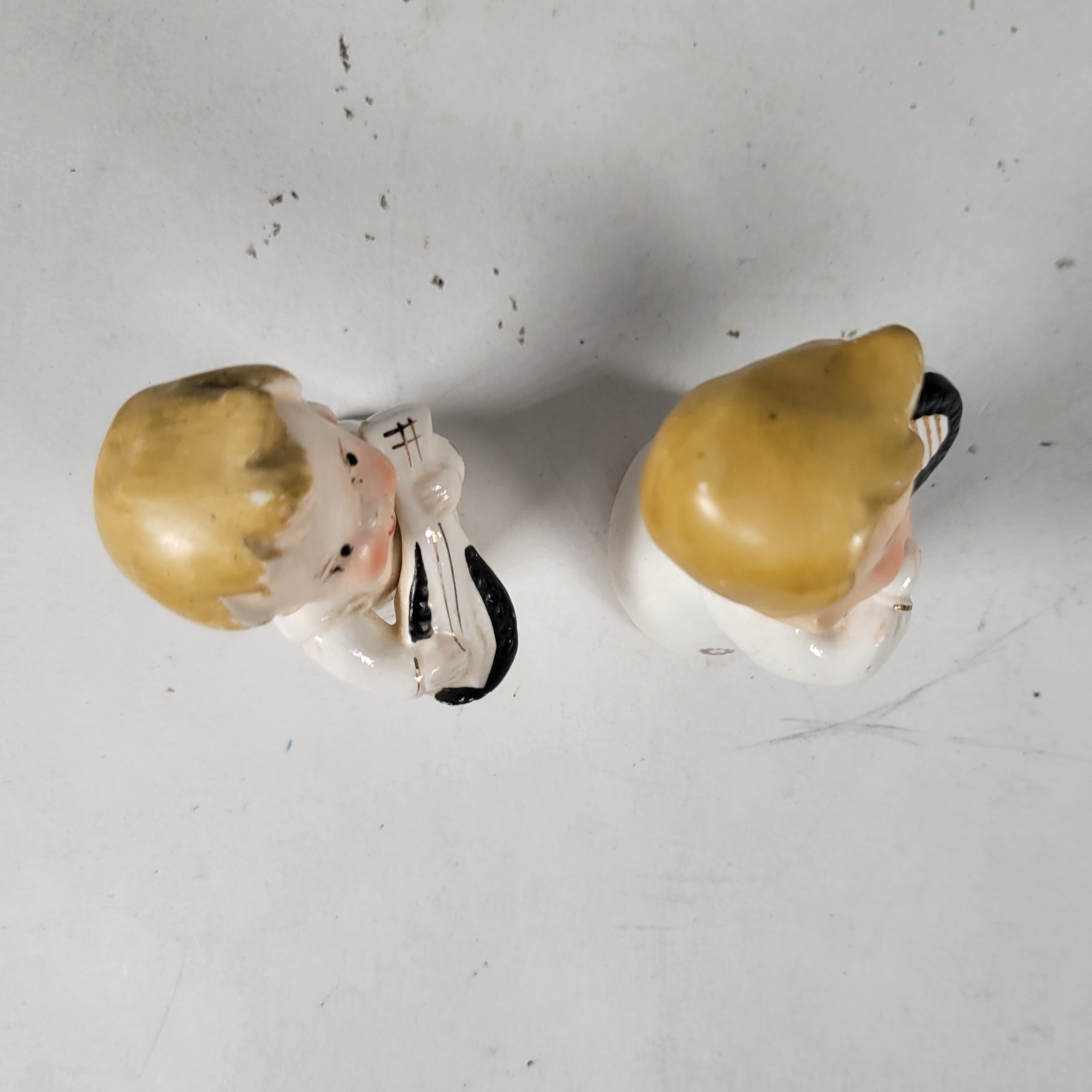Two vintage musical boy angel figurines – gold gilded lute and harp made in Japa