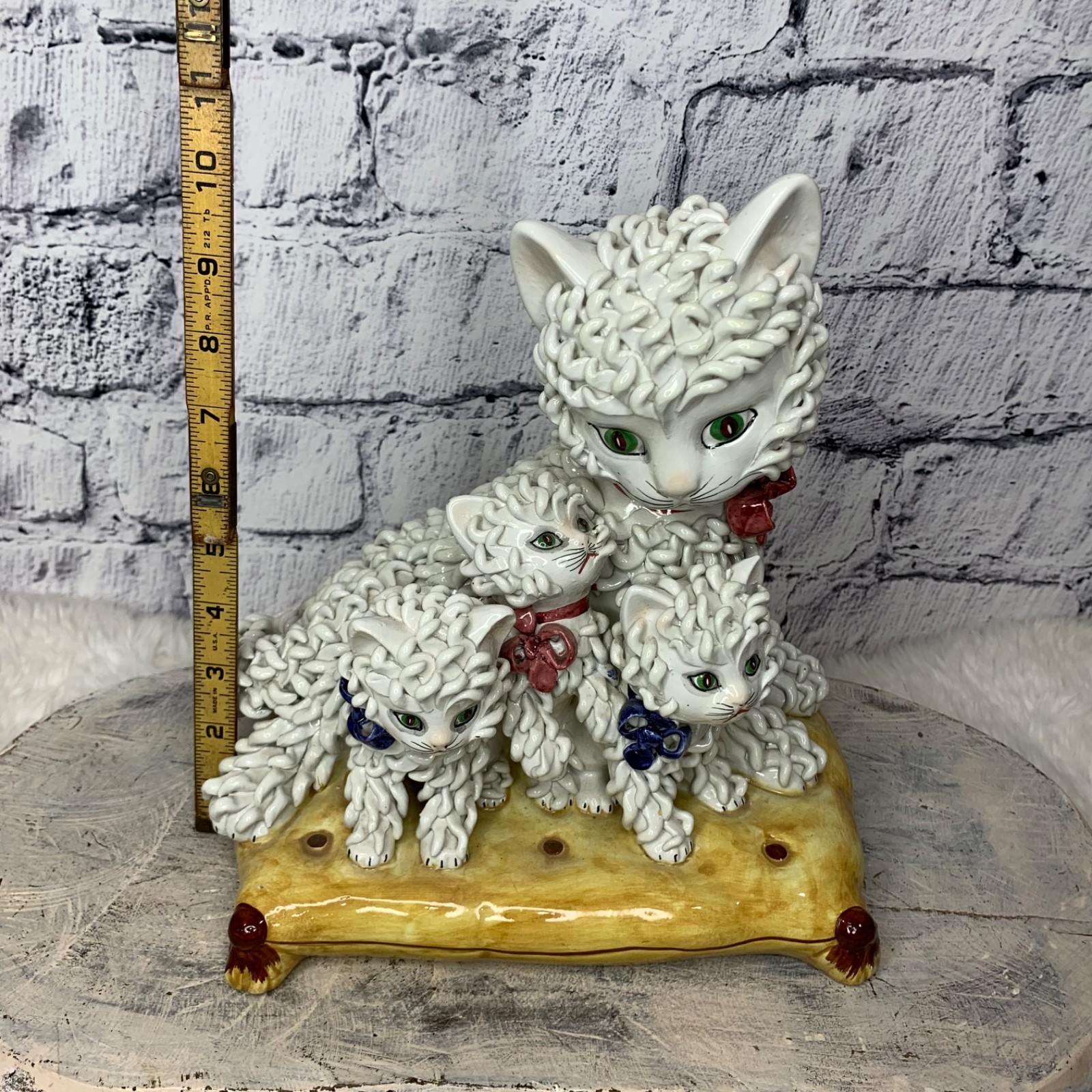 Vintage Italian Spaghetti Trim Cat Family Mother Kittens Pillow 1950s