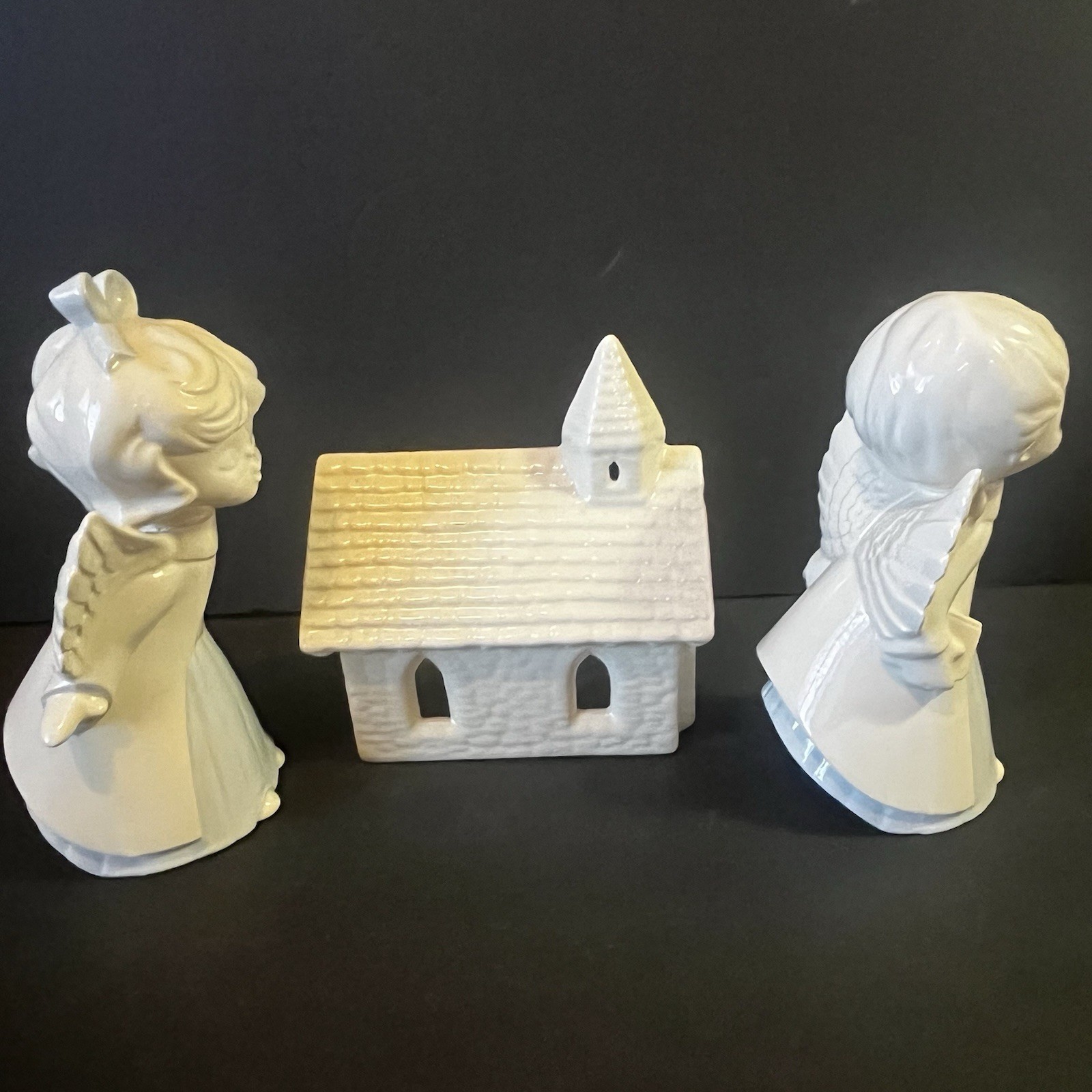 Vintage White Ceramic Kissing Angel Figurines Church Hand Painted Heavenly Xmas