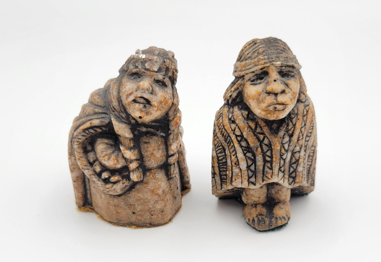 Vintage From Chile Carved Stone Folk Art Figurines Indigenous Man Woman Signed