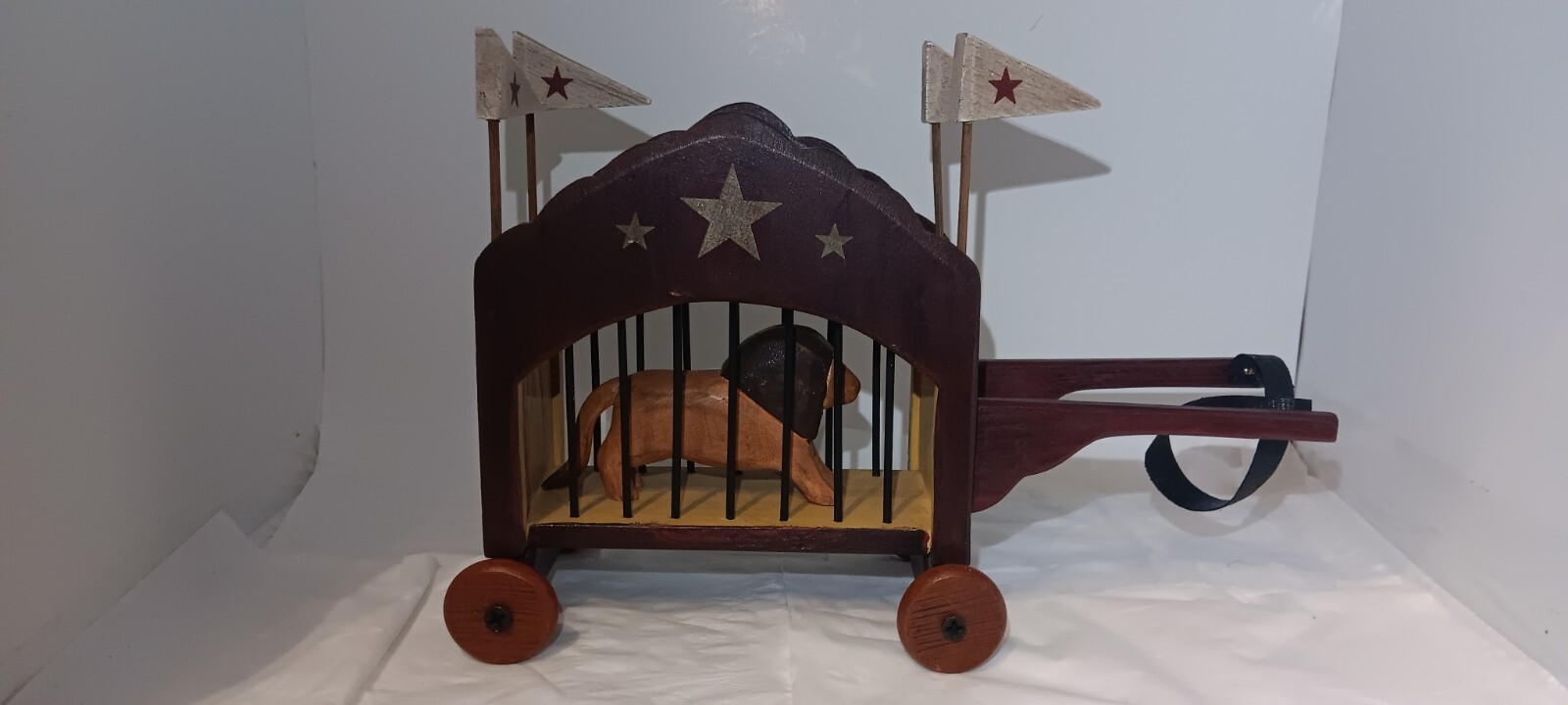 Vintage Handmade Wood Carved Circus Cart With Wood Lion