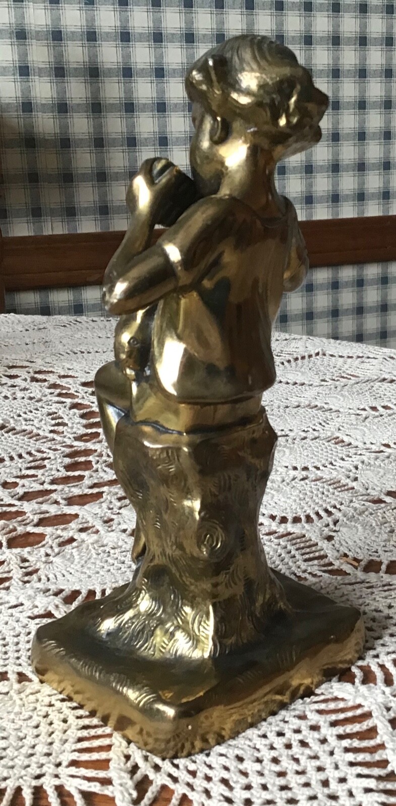 ANTIQUE JENNINGS BROTHERS BRASS FIGURINE BOY W/ RABBIT PLAYING PAN FLUTE JB1696