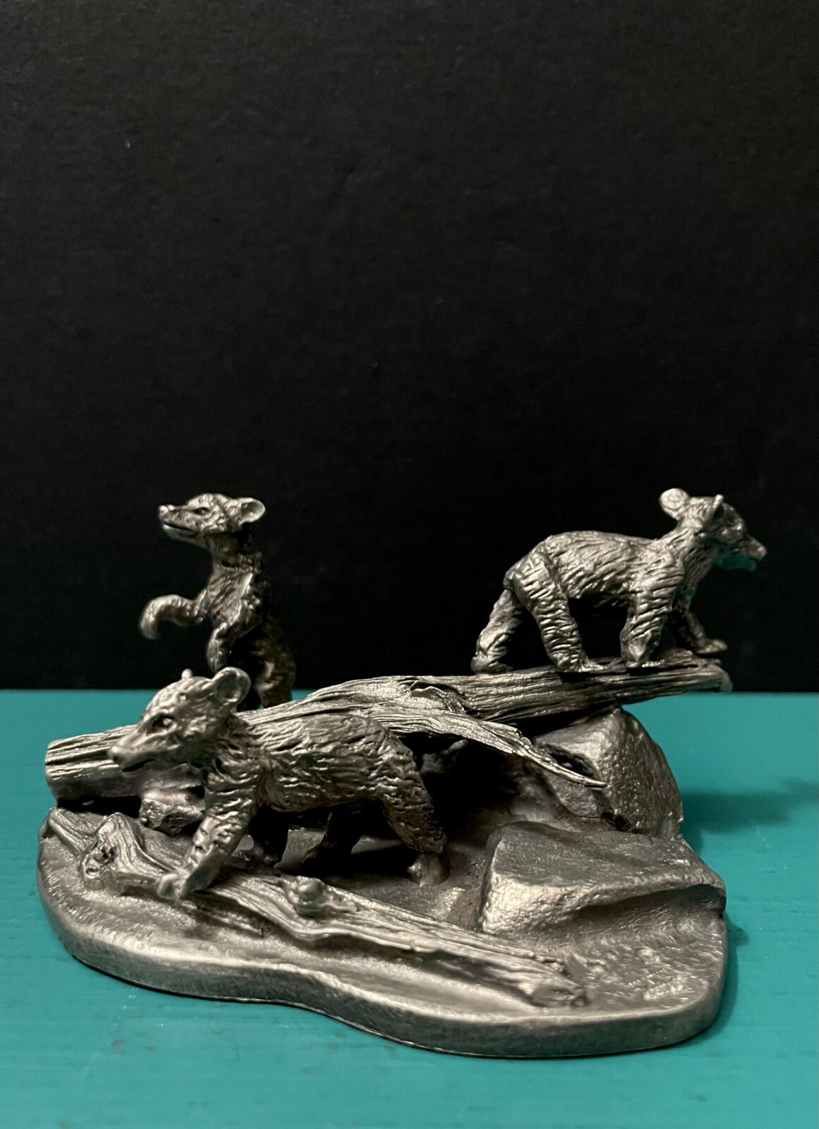 Pewter Three Bears Cubs Forest Tree Logs Wildlife Animals Diorama Art Figurine