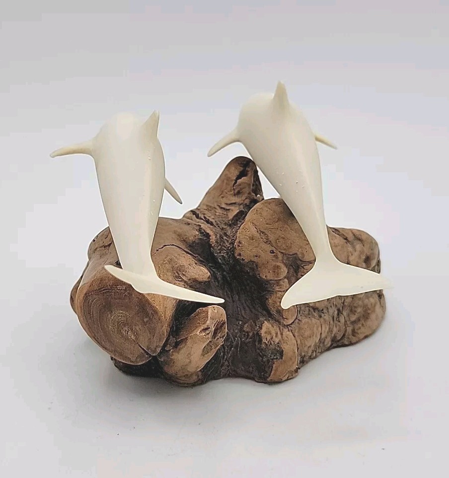 John Perry 2 White Dolphin Figurines On Burl Driftwood Sculpture Signed