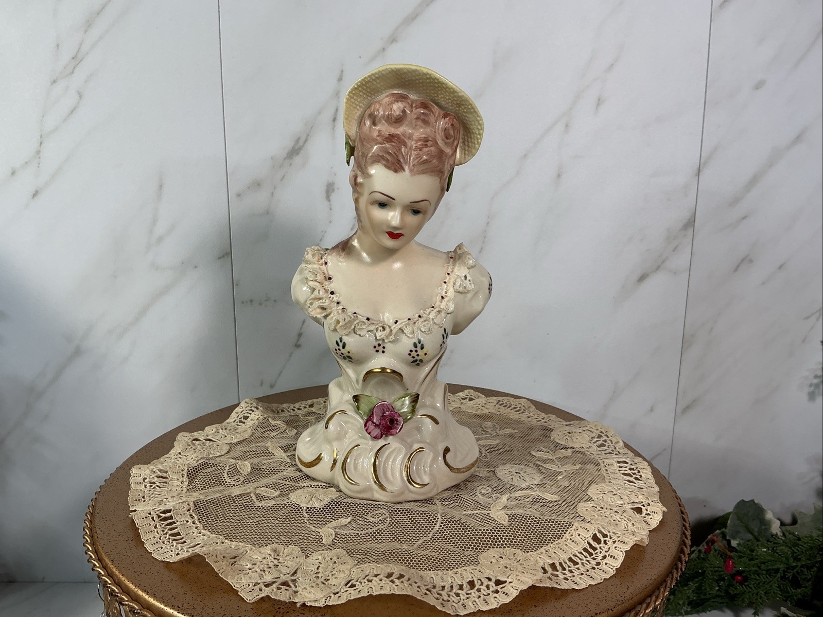Vintage Porcelain French Victorian Lady W/Hat Bust Figurine 7″~Ruffled Porcelain