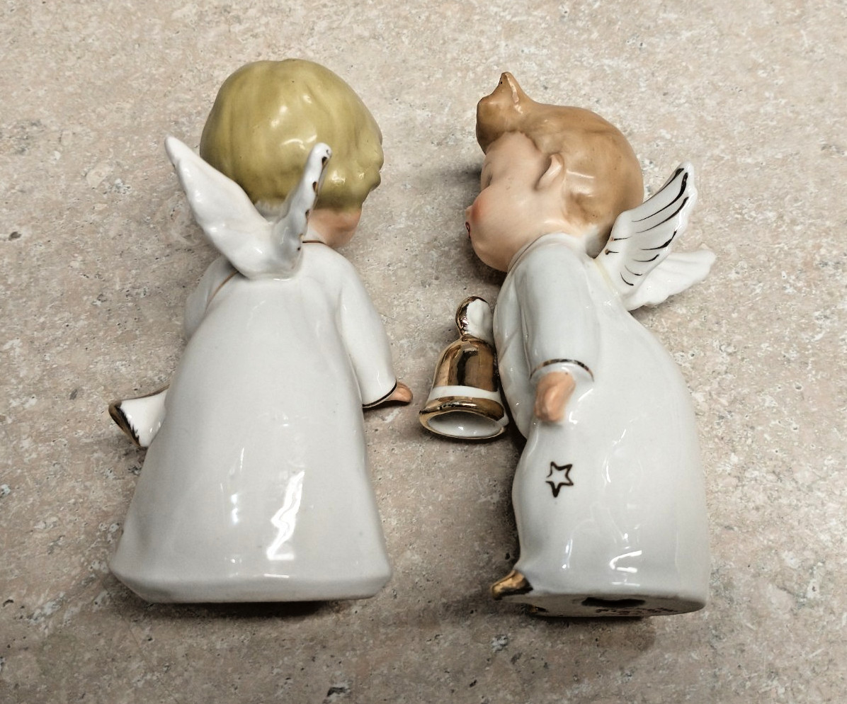 2 VTG 1950s White Gold Porcelain Christmas/New Year Winged Angel Figurines JAPAN