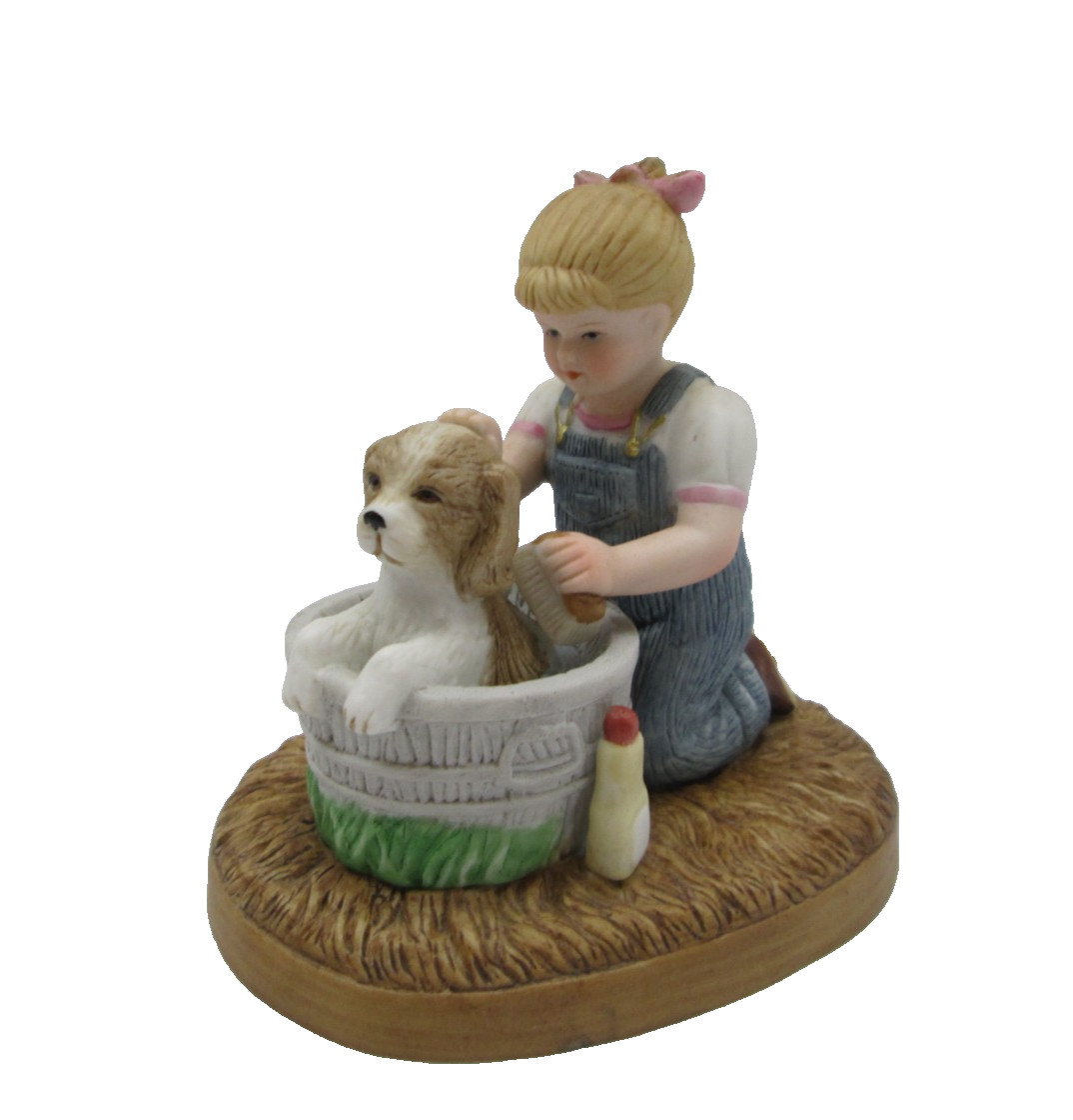 Vintage 1983 “Little Farmers” Figurine –Girl Giving Dog A Bath – D. Jacobs