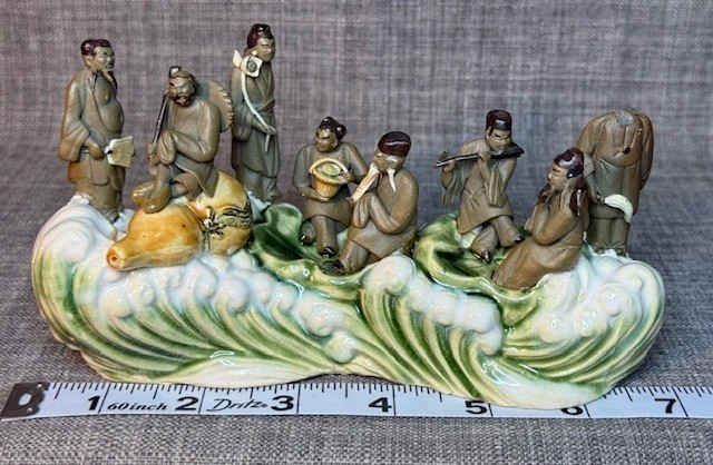 Chinese Mud Men 8 Immortals on Water Lilypad Display Figurine, Sculpture Ceramic