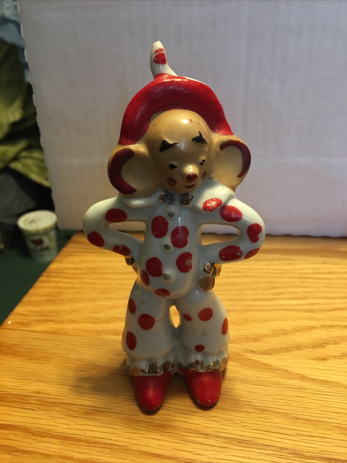 Vintage Ceramic Happy Clown Jester White Red POLKA DOTS Japan 5 1/2” Figurine