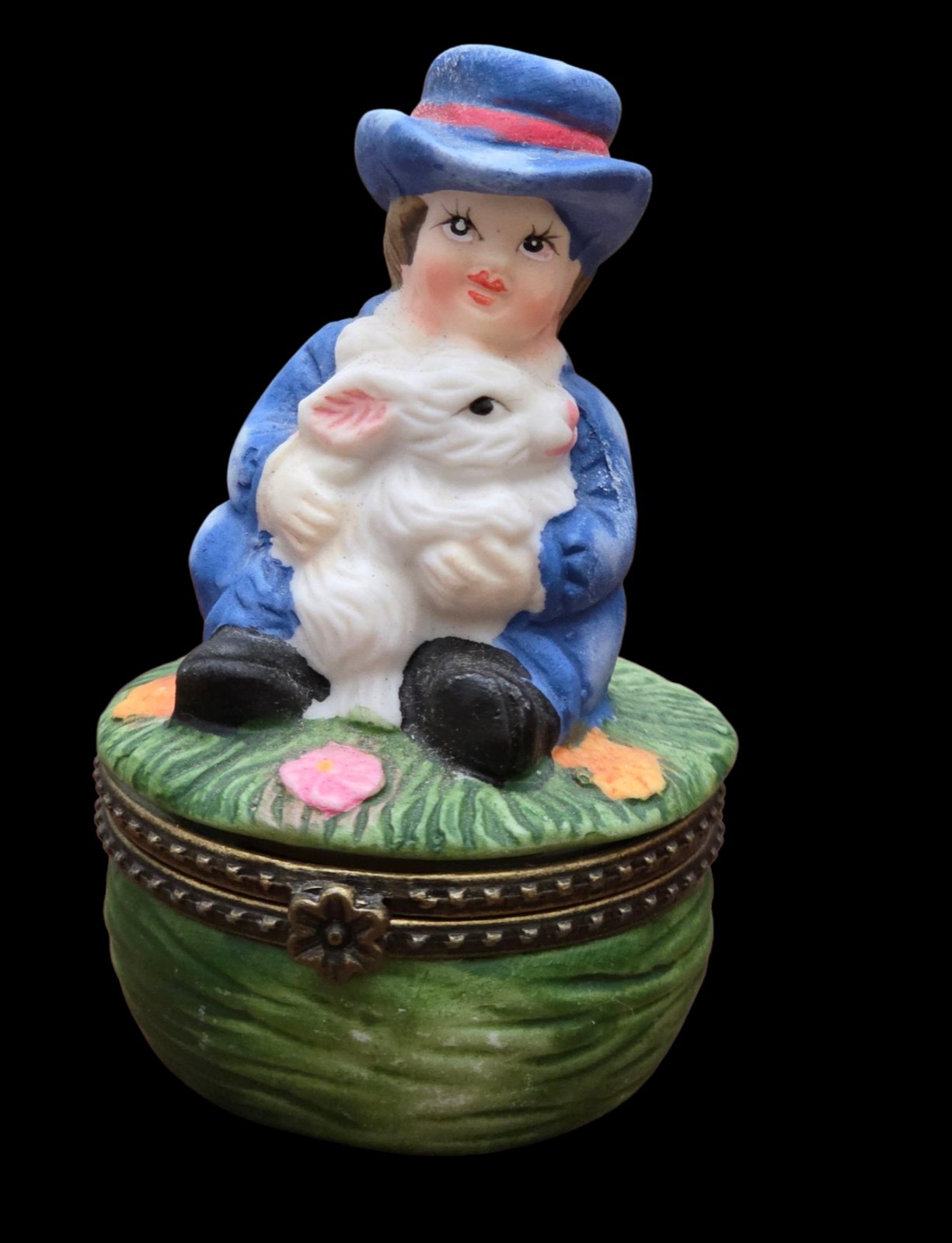 Vintage Porcelain Bisque Hinged Trinket Box Boy in Blue w/ White Rabbit Bunny