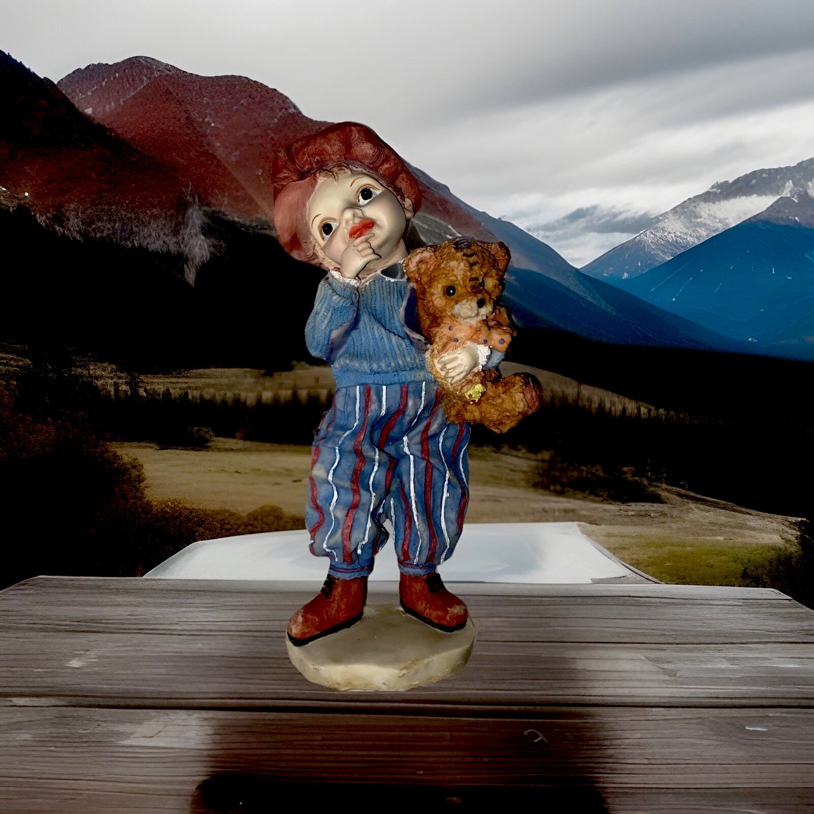 Cute Little Boy Holding A Bear , Older Denim Clothing,Adorable Collecting Piece
