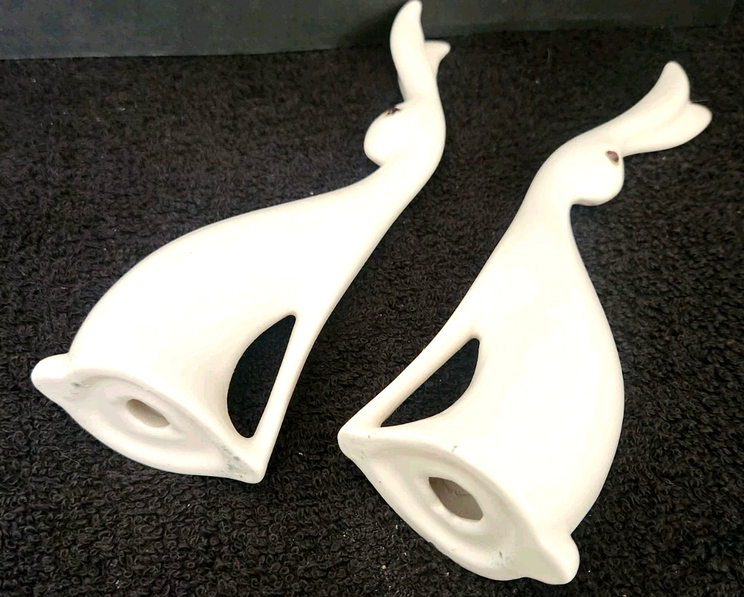 2 Modern White Bunnies Easter Rabbits Ceramic Slim Figures Statue Purple RS Eyes
