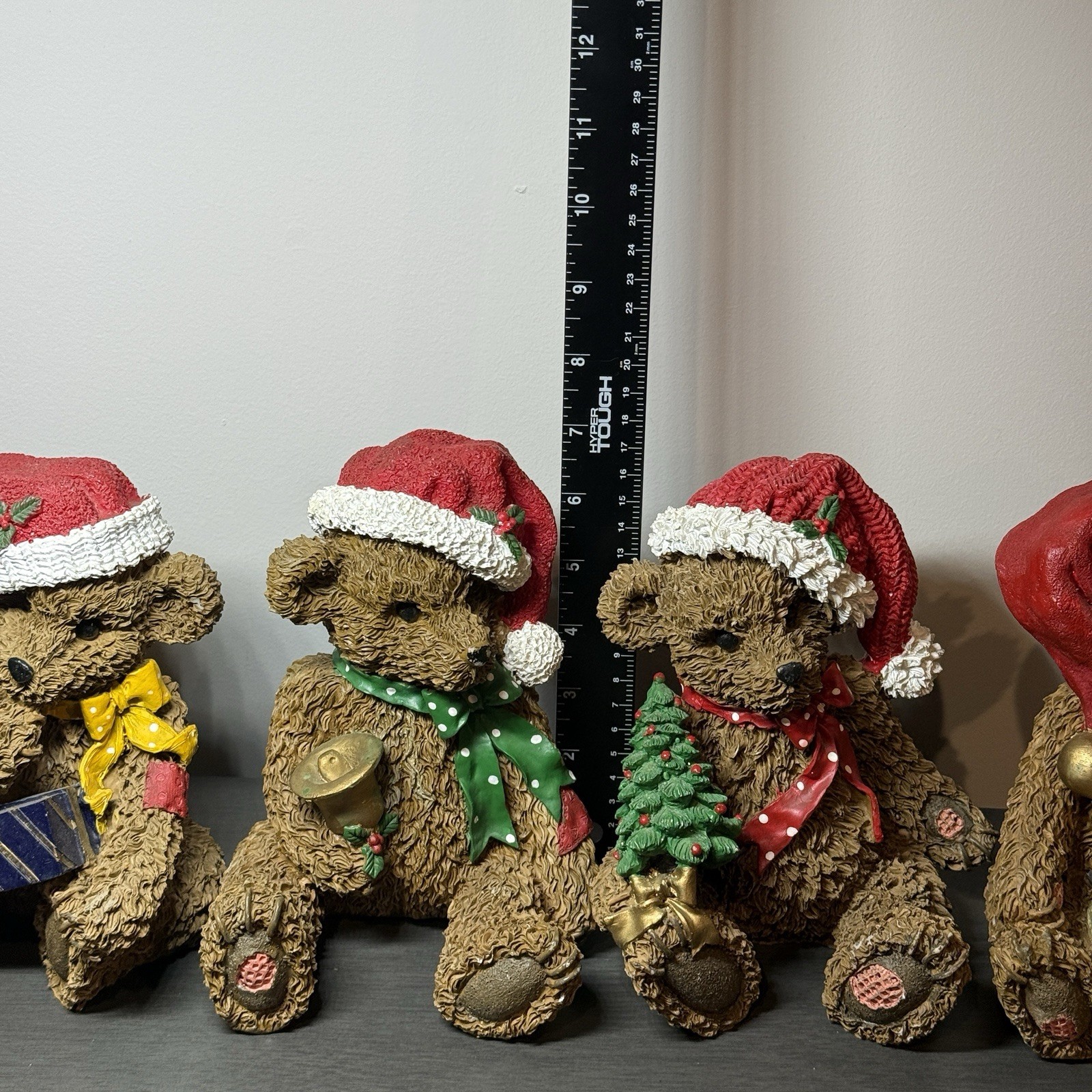 Set of 4 Resin Christmas Teddy Bears Santa Hats Figurine Gift Bell Tree Drum 6”