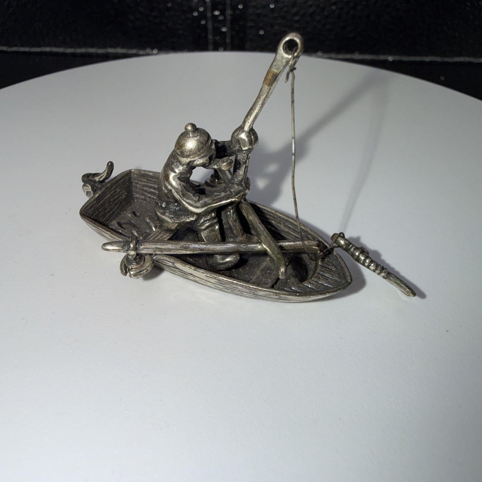 Miniature Fisherman In Rowboat With Fish-800 Silver, Italy 6oz 1.75”