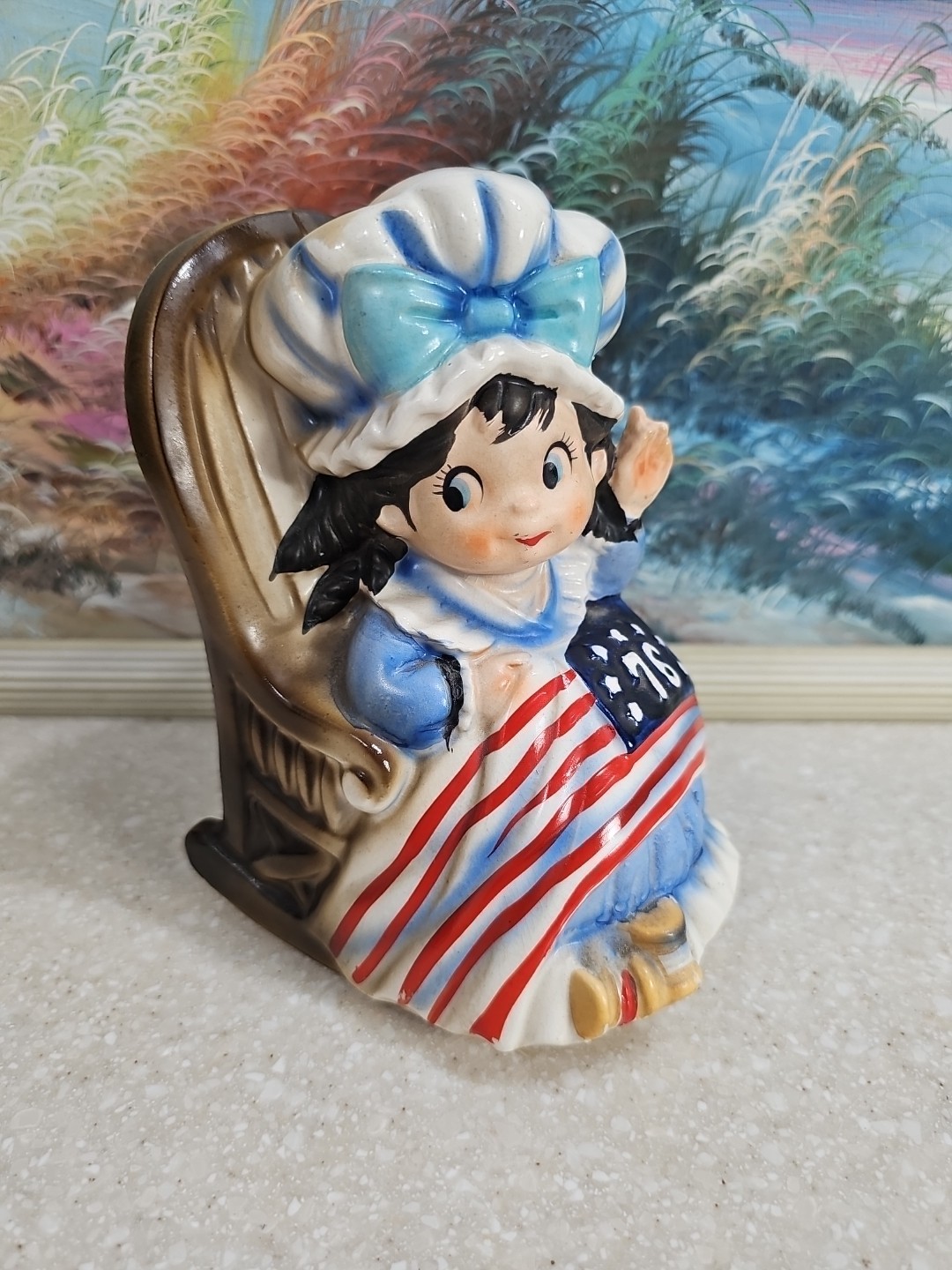 Vtg Betsy Ross Sewing 1776 Flag Rocking Chair Music Box Figurine Tundra Japan