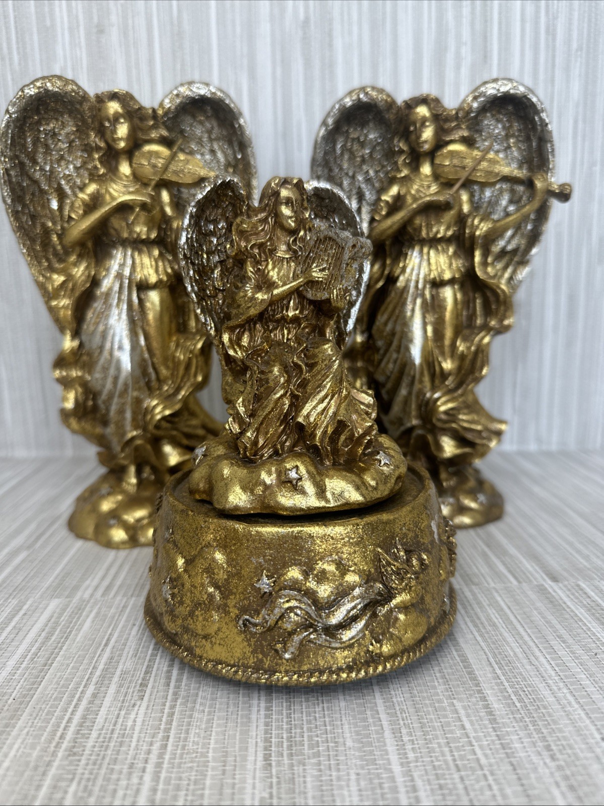 Vintage Set Of 3 Cherubs Playing Instruments Gold Silver Figurines Christmas