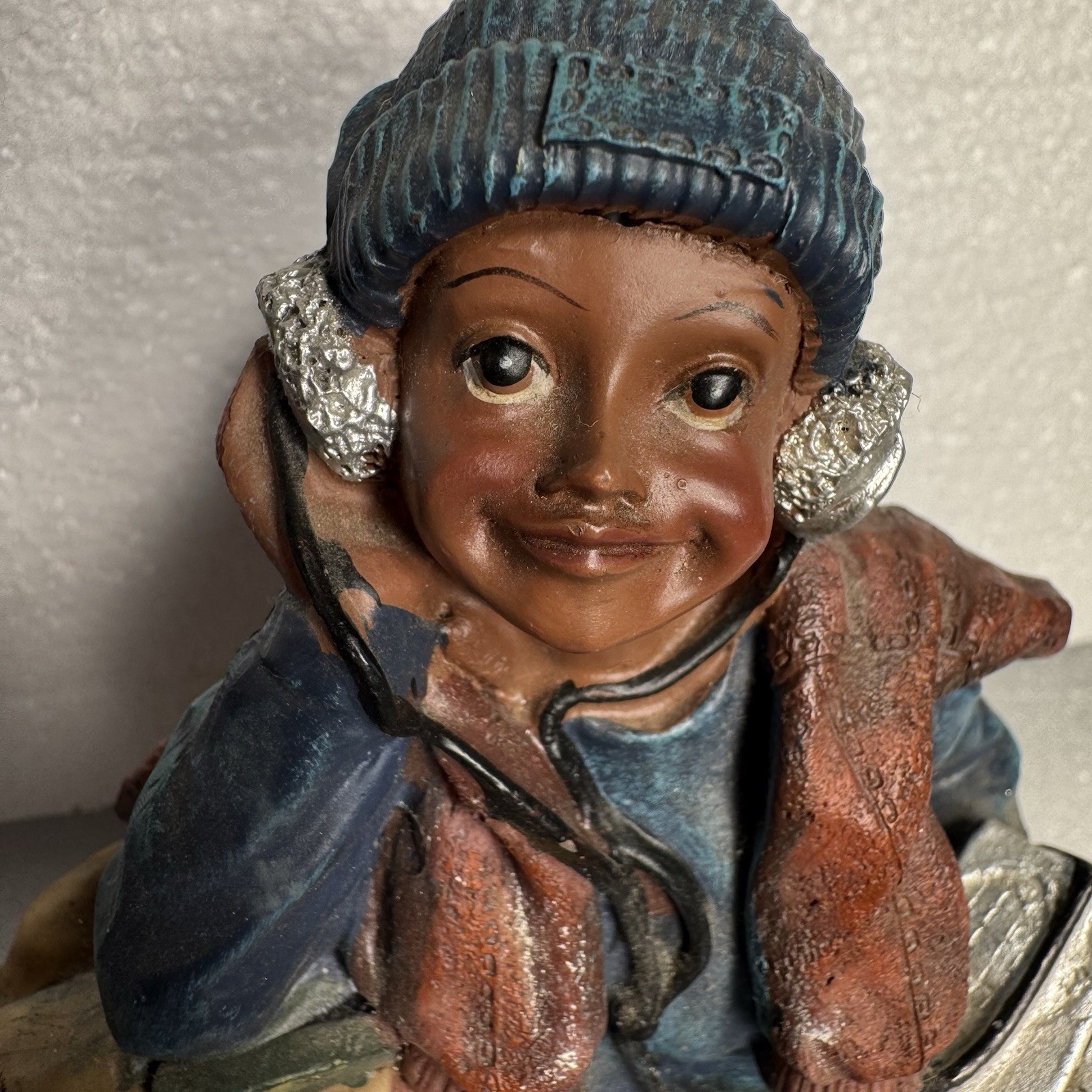 Black/African American Boy Shelf Sitter Radio Satchel Fabric Dangling Legs Resin