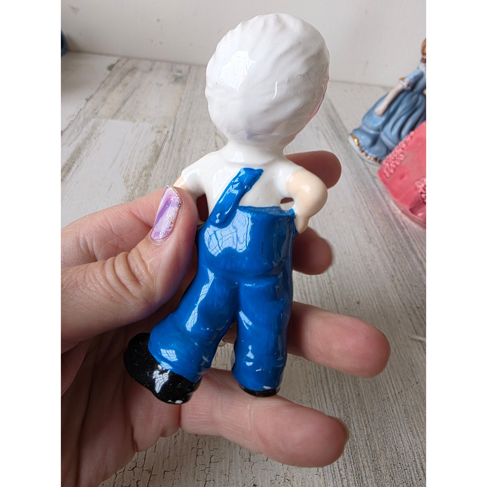 Vintage Japan boy overalls gray hair statue figurine