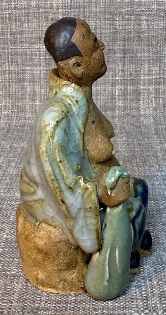 3 pc. Chinese Mudman Figurines Glazed Clay Mud Men 4 in. T Happy Buddha