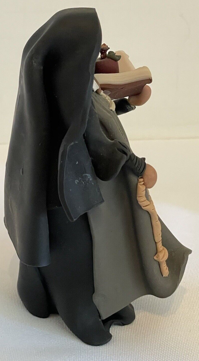 Clay Nun Figurine Holding Cane, Holy Water Container & Hymnal Bible 4.5 Inches