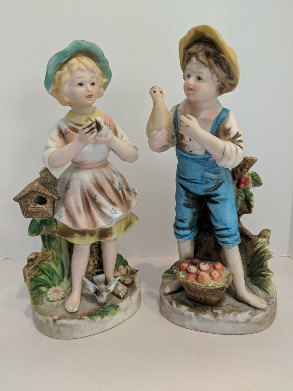 Vintage HomCo Porcelain 8″ Decorative Figurines Pair Farm Boy & Girl Ducks Birds