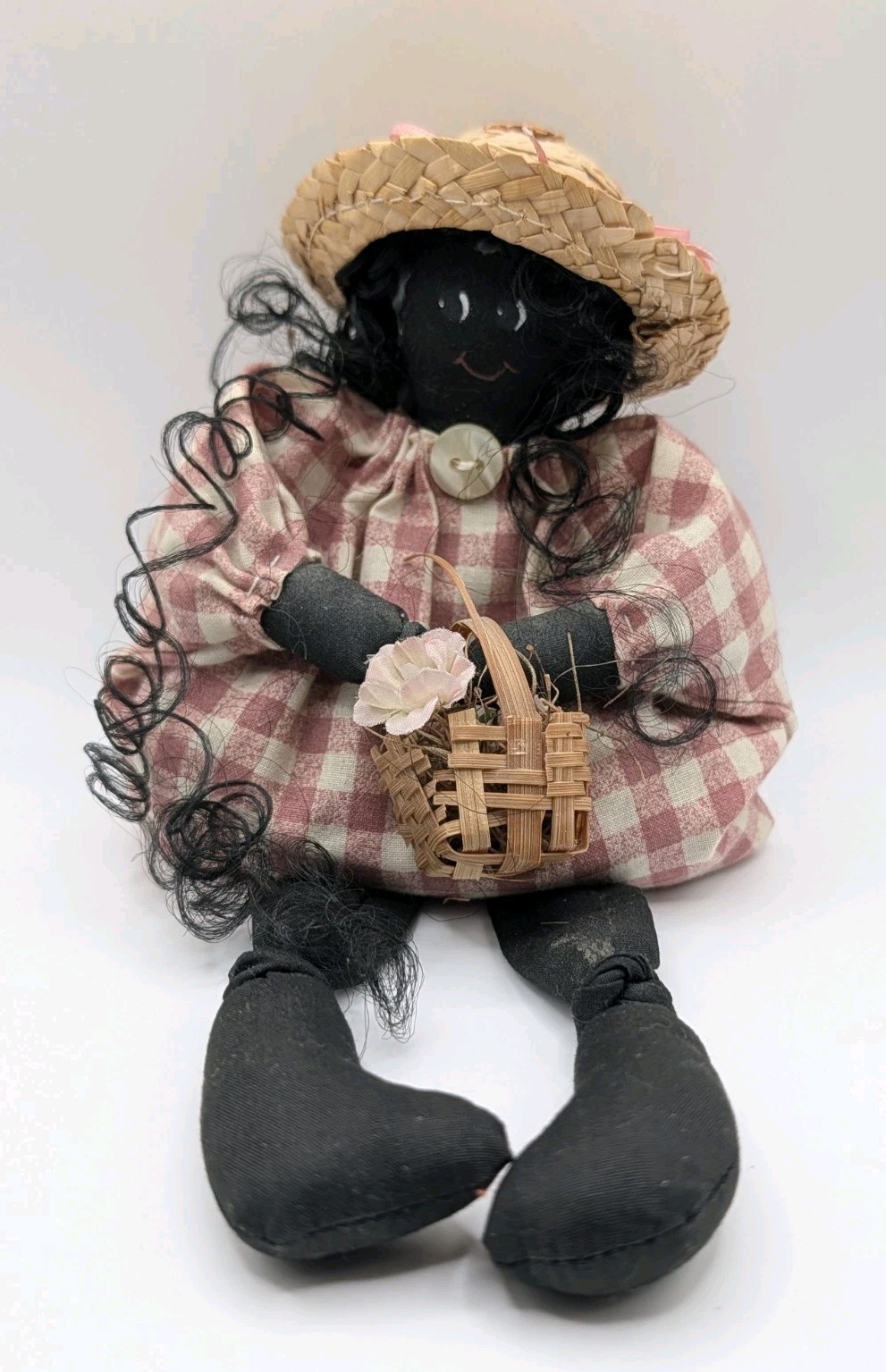 Vintage Handmade Folk Art Doll Pink Gingham Dress Straw Hat Woven Basket