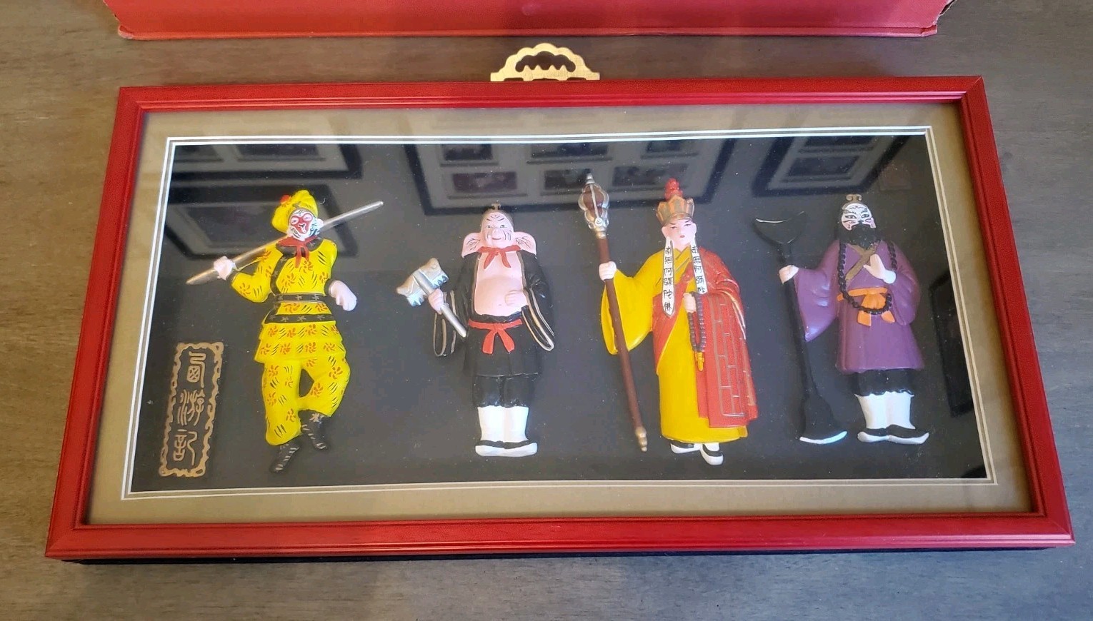 Huishan Clay Figures In Shadow Box Monkey King, Piggy, Tang Priest, Sandy