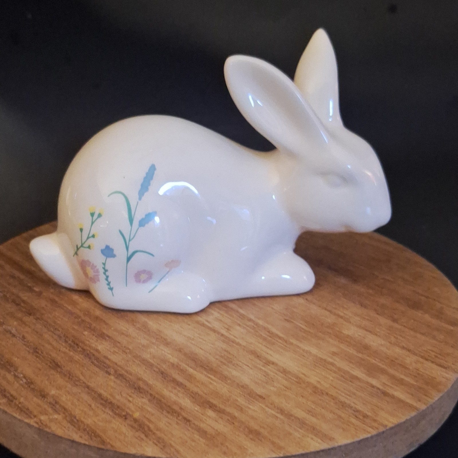 Ceramic Rabbit Figurine Hand Painted Floral Glossy White Blue Pink Yellow