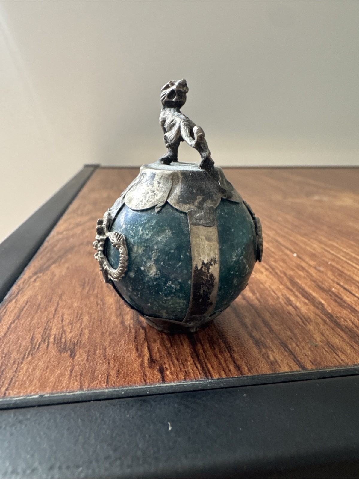 Chinese Zodiac Metal Tiger Figurine Green Stone Ball China Tibet Silver Tone