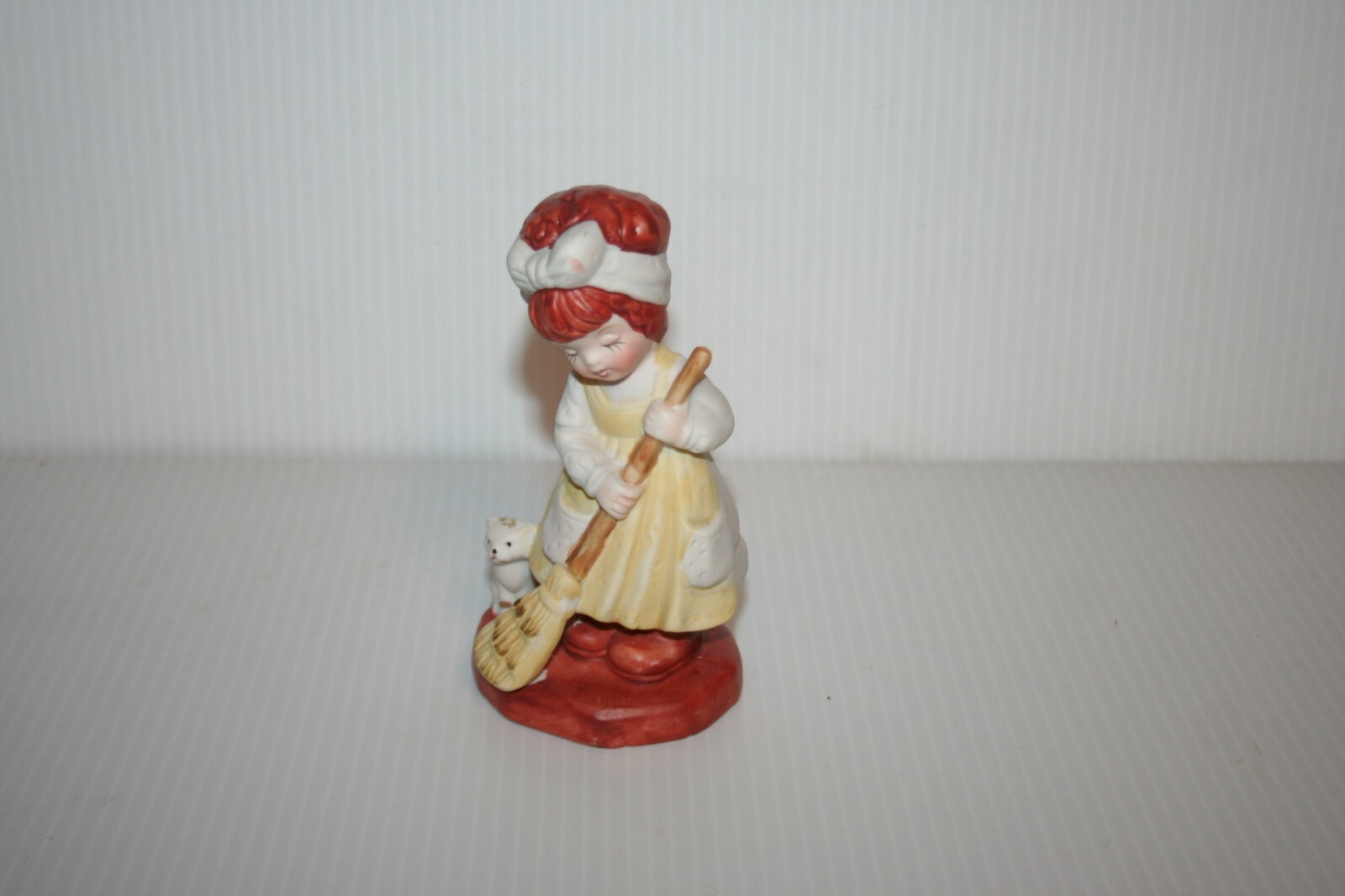 Vintage Figurine Girl w Broom Kitten At Her Feet Hand Painted Bisque Porcelain
