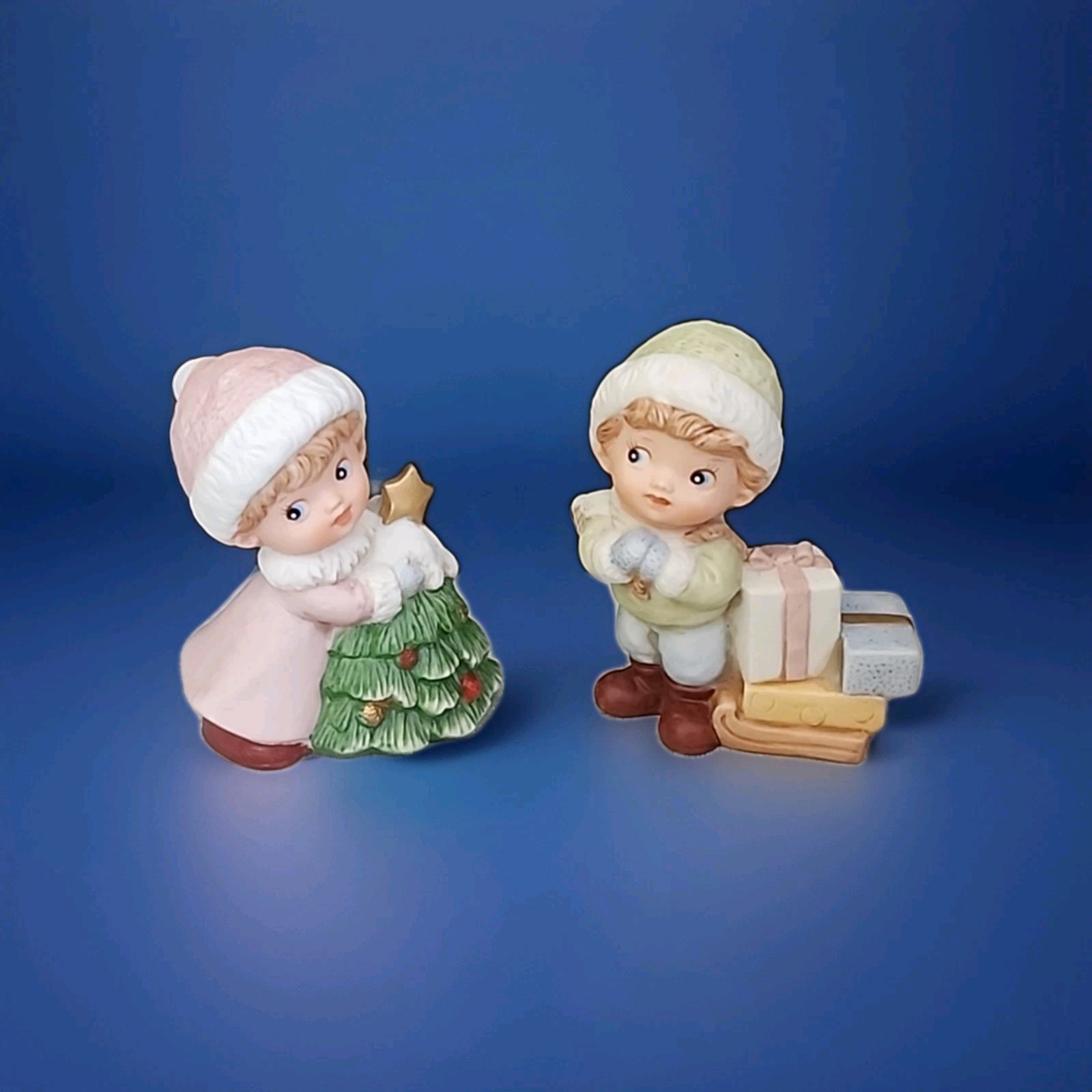 Vintage Homco Christmas 5556 Porcelain Christmas Children Boy & Girl Figurines