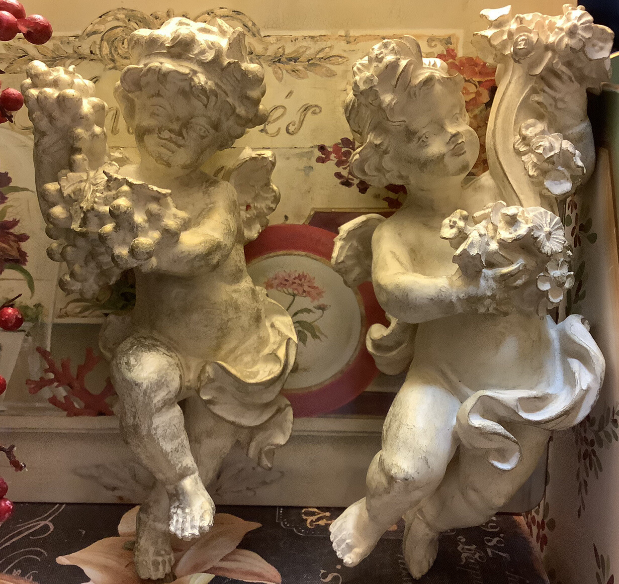 (2) Distressed Angels~Cream W/Gold Undertones~1 Has Grapes/1 Has A Bouquet~