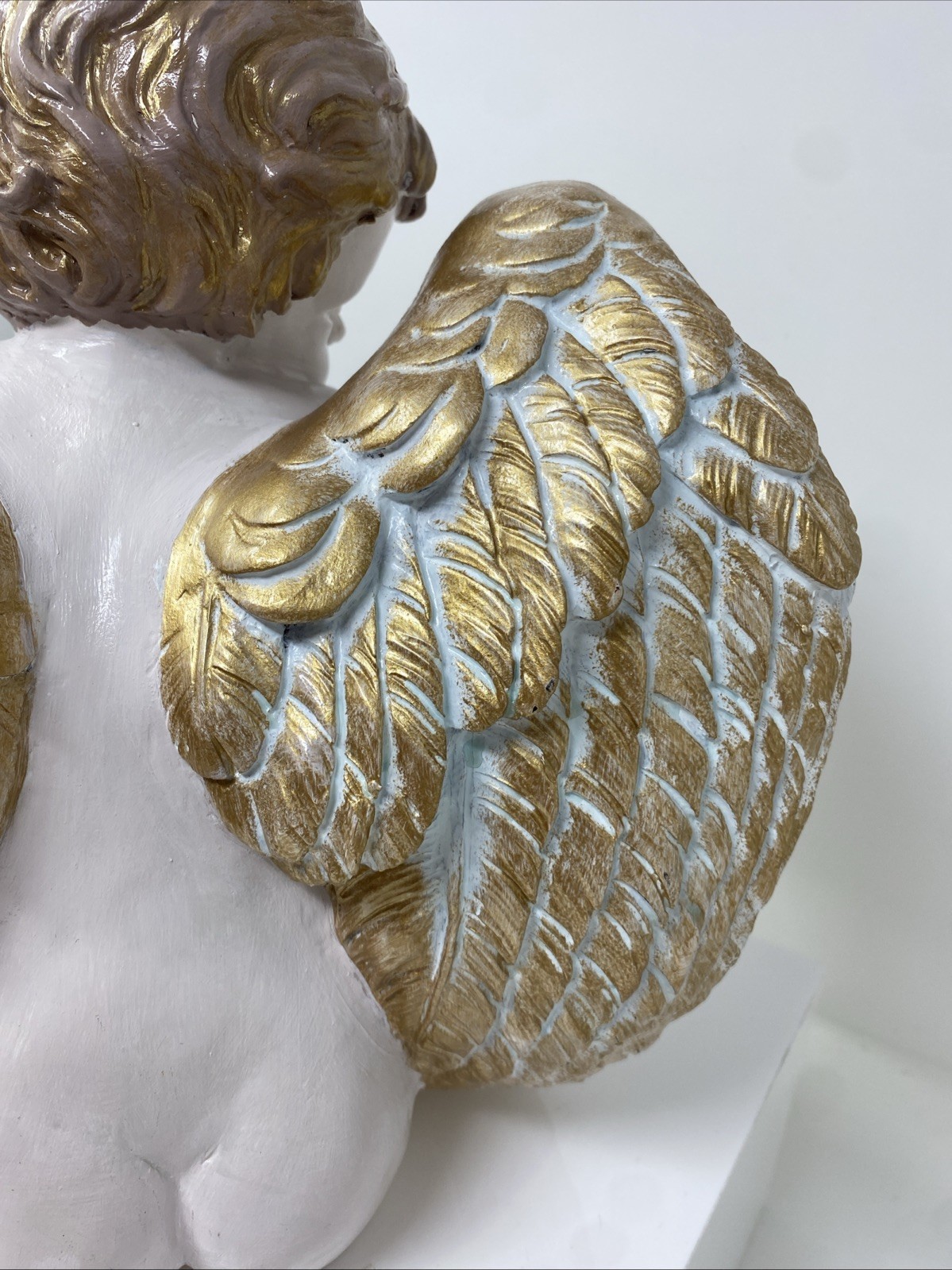 VTG Winged Cherub Angel Sitting Hand painted Gold/ White 10” H