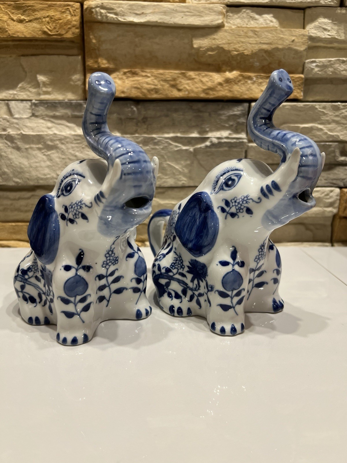 Formalities By Baum Bros Blue and White Floral Print Porcelain Elephants Lot 2