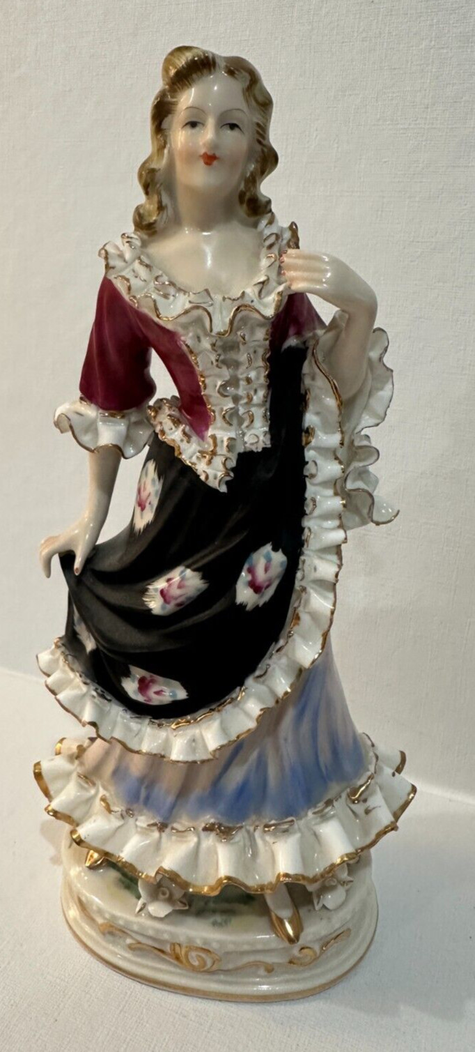 Wales Bone China Elegant Burgundy Dress Lady 8.5″ Tall Green Crossed Swords Mark