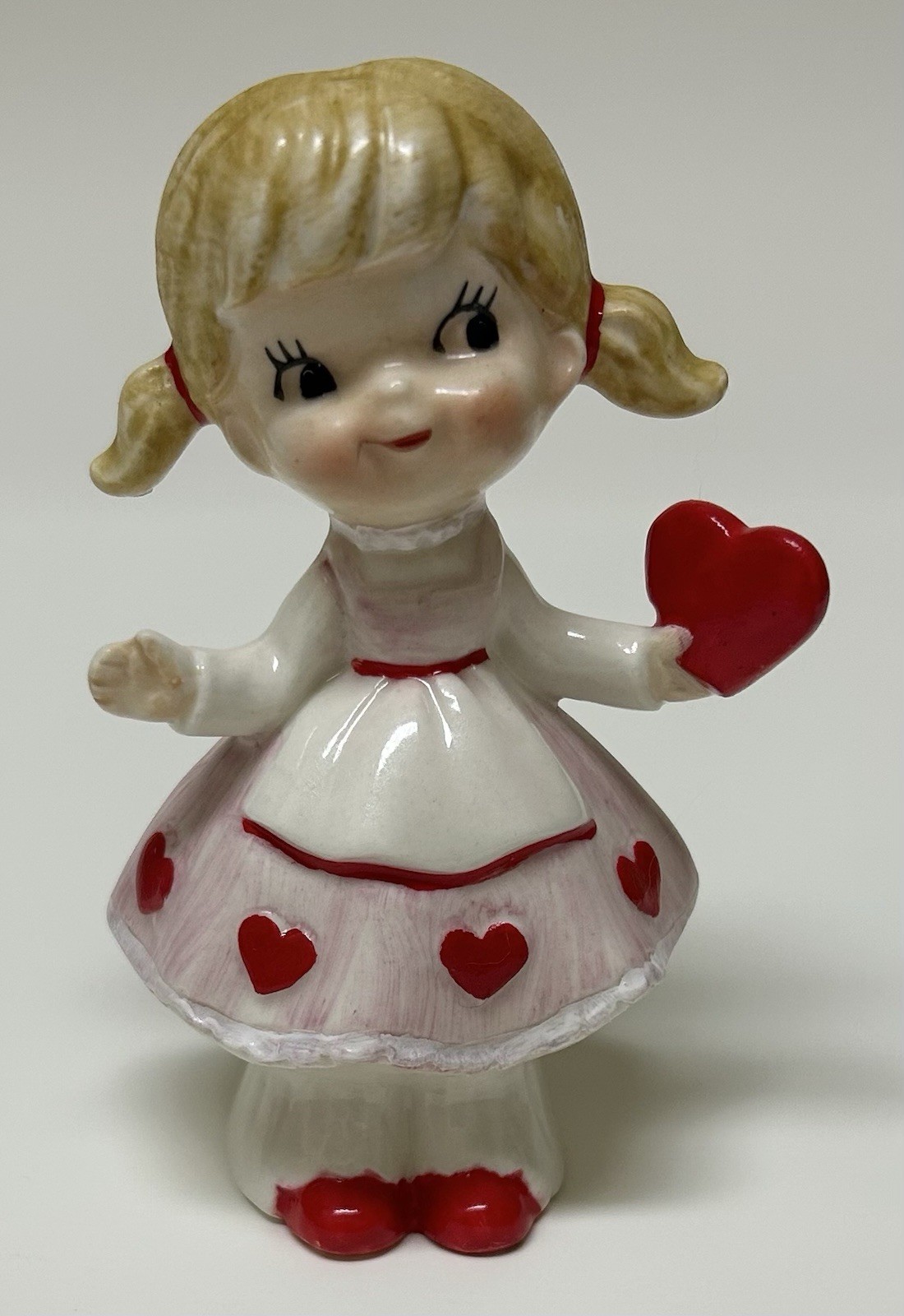 Vintage Valentines Day Blonde Girl Figurine Pink Dress Hearts 110 MCM~Japan